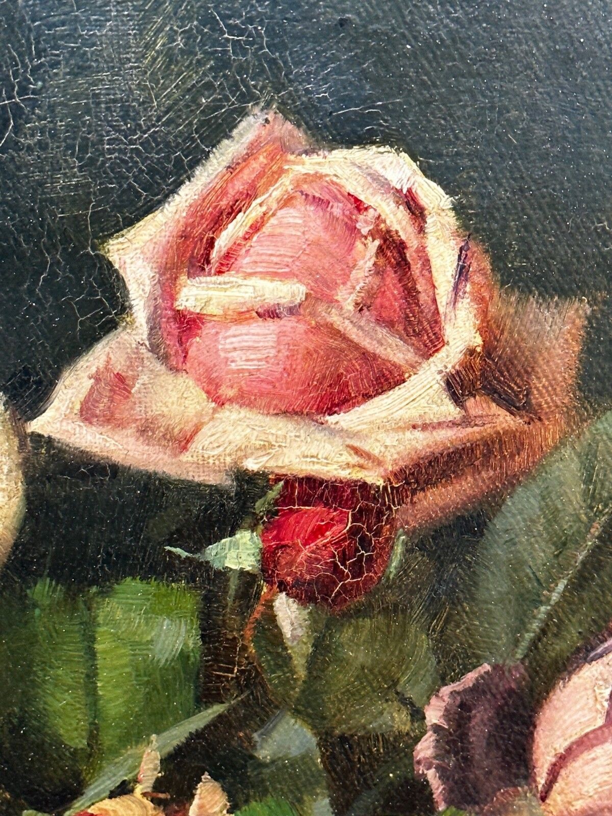 photo vintage Brits schilderij begin 20e eeuw, olieverf, stilleven met bloemen, tuinrozen, gesigneerd Ernest Higgins Rigg