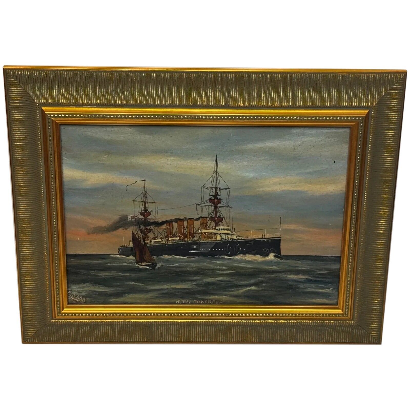 Marine Oil Painting Hms Powerful Royal Navy Cruiser Ship Follower Charles Dixon