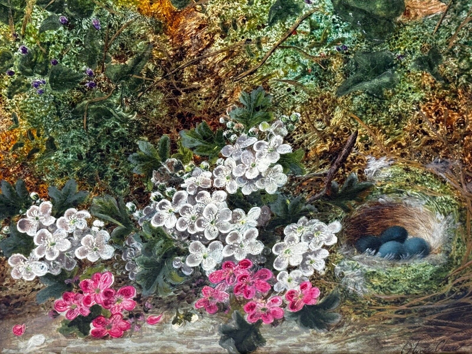 Oliver Clare Victoriaans olieverfchilderij bloesem vogelnest & blauwe eieren ca.1880-1890 photo furniture