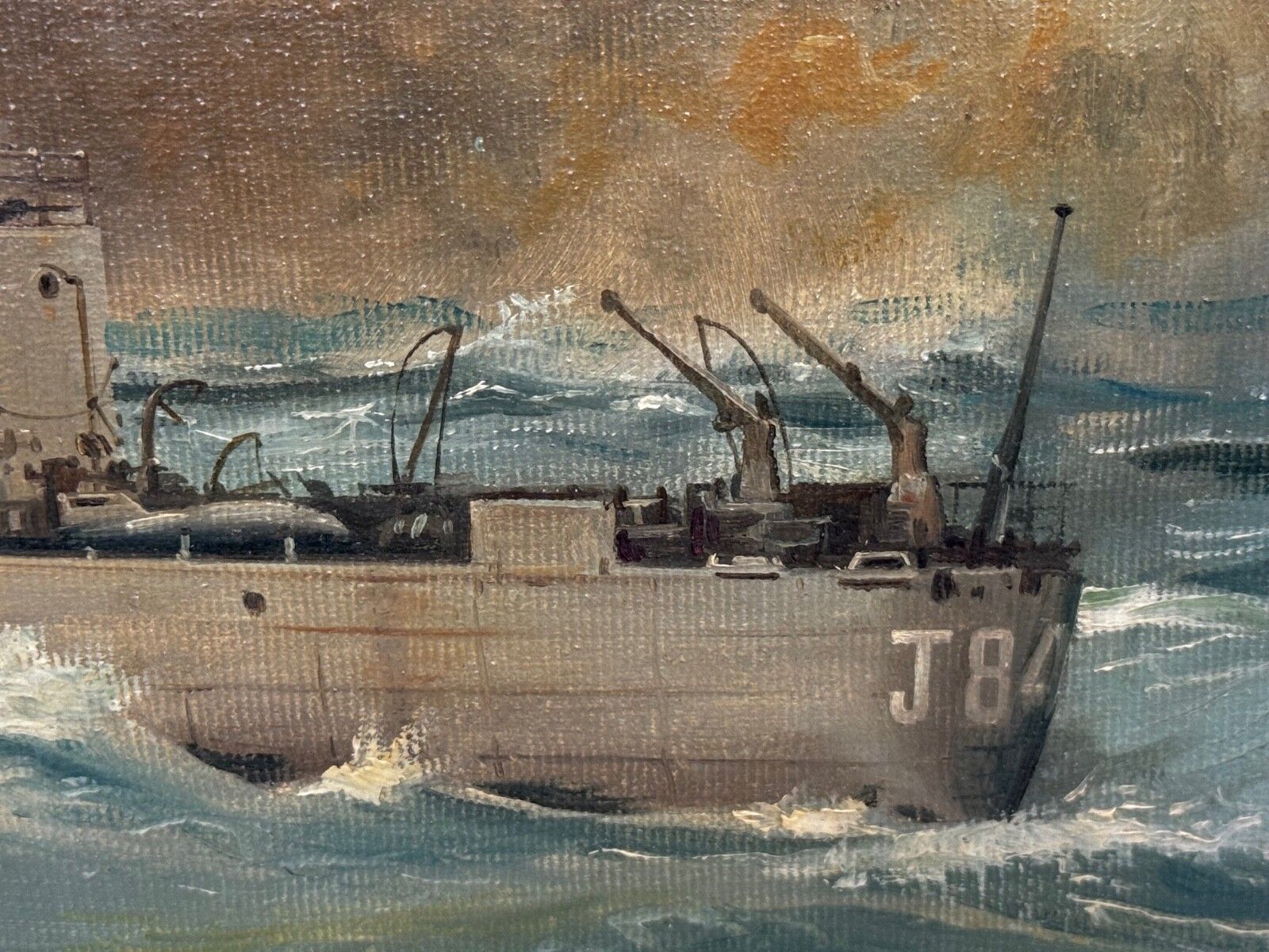 Vintage olieverfschilderij HMS Franklin Ship The Pentlands 1944 WW2 Convoy Duty North Sea, gesigneerd David Charlesworth photo vinterior