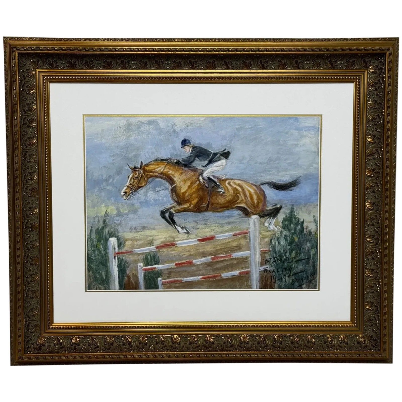 Mid-Century schilderij van Pat Smythe en Finality, winnaar van de Leading Showjumper of the Year Show, gedateerd 1949