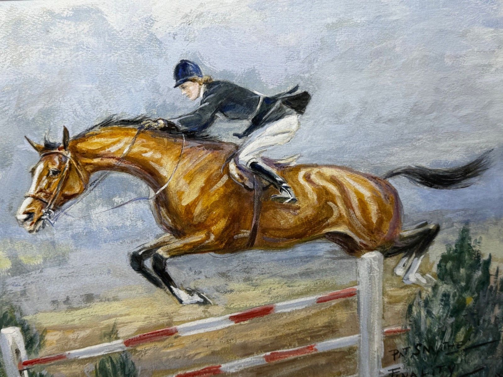 Mid-Century schilderij van Pat Smythe en Finality, winnaar van de Leading Showjumper of the Year Show, gedateerd 1949 photo furniture