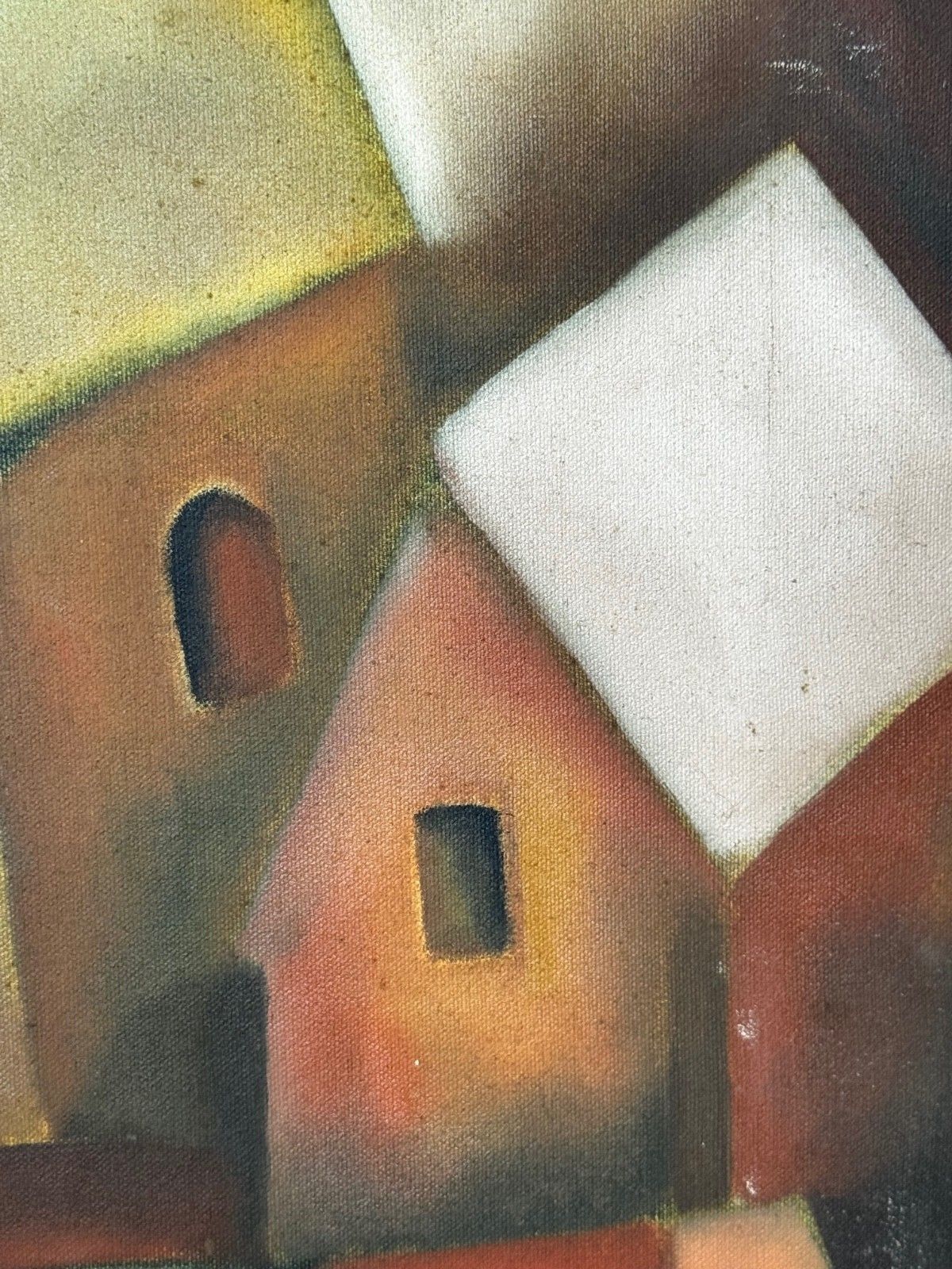 photo vinterior Groot vintage olieschilderij naar voorbeeld van Picasso, cubistisch beïnvloed, cascaderend heuvelstadsdorp
