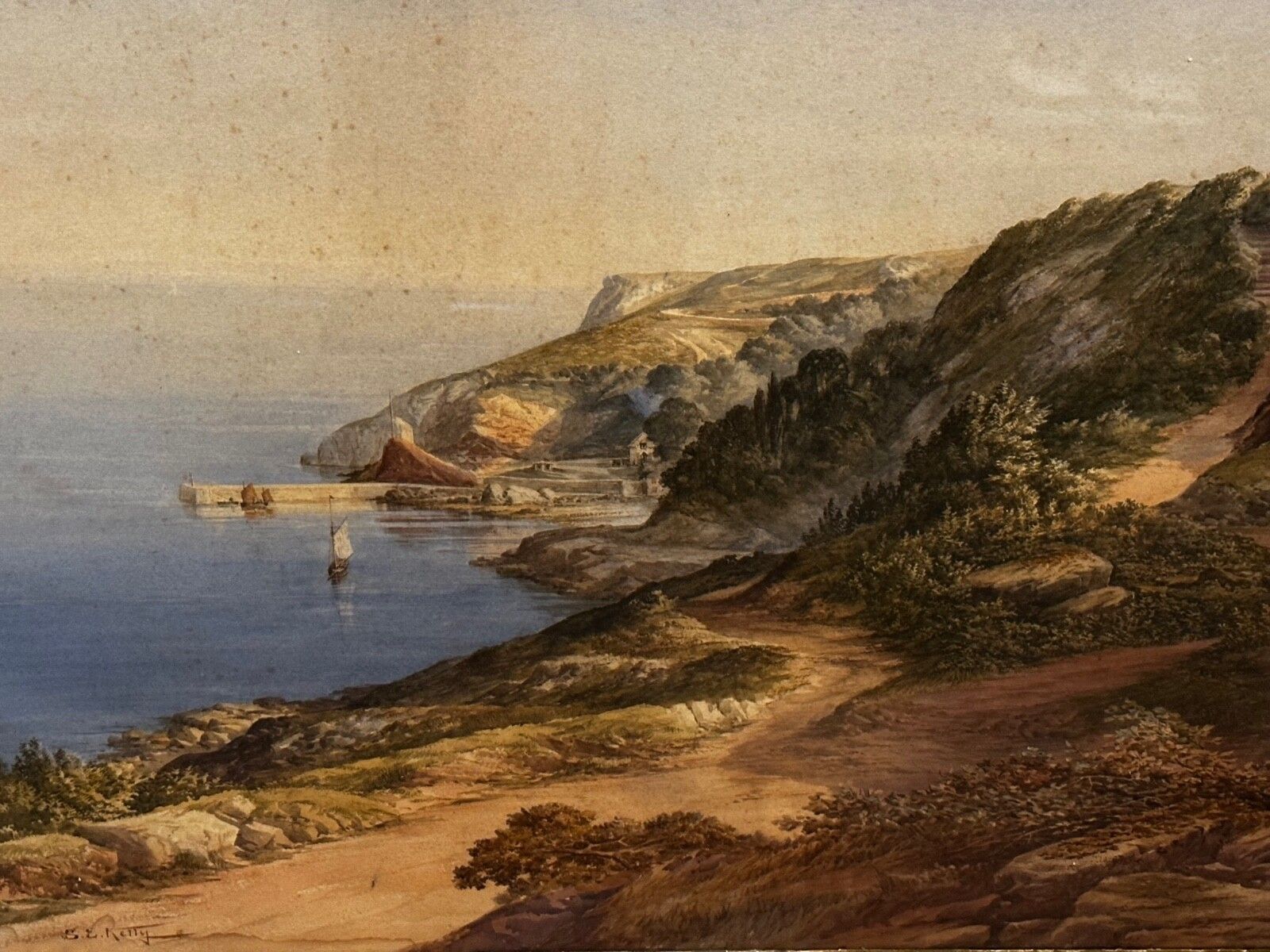 Groot aquarel kustlandschap Babbacombe Beach Devon, begin 20e eeuw, door Samuel Edward Kelly photo furniture