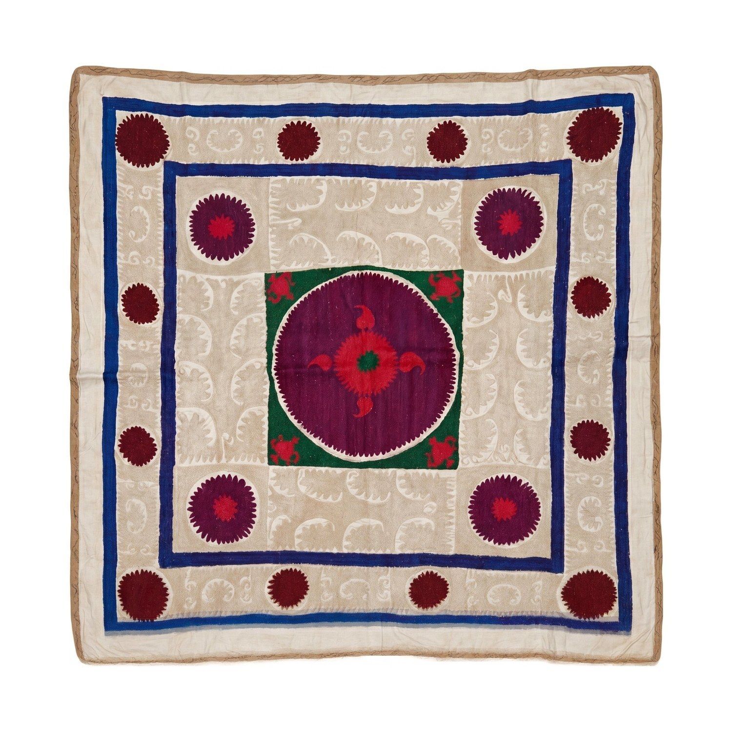 Hand Embroidered White Red Samarkand Suzani Tapestry 129 X 132 Cm