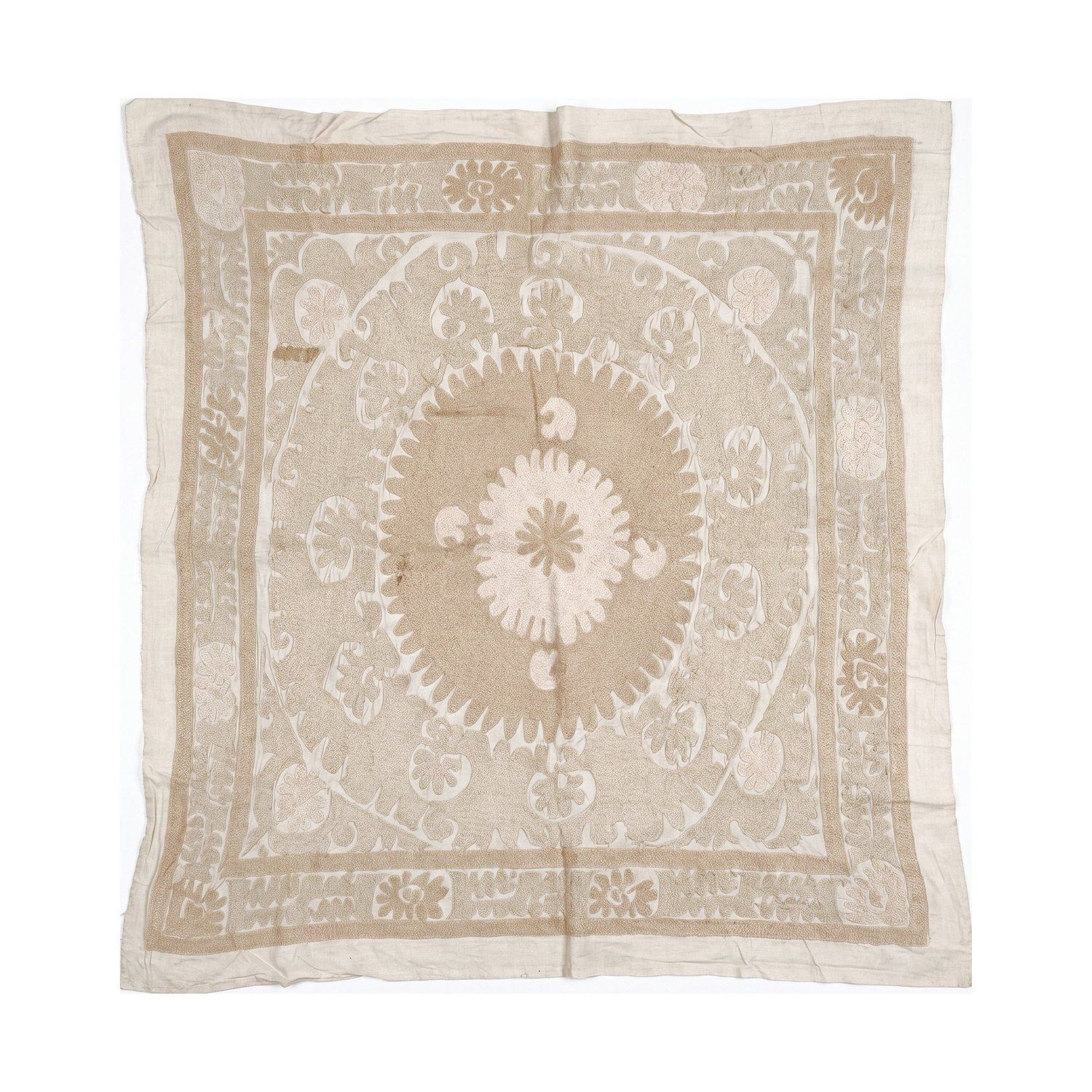 Hand Embroidered White Pink Samarkand Suzani Tapestry 131 X 133 Cm