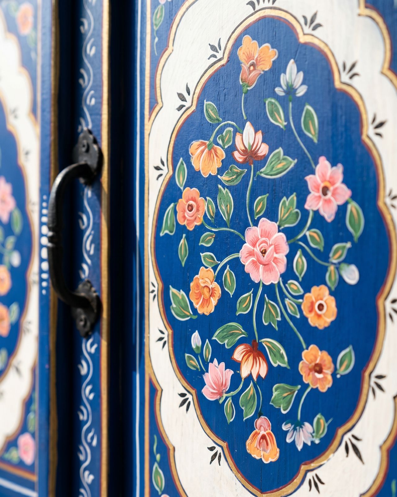 Hand Painted Blue Floral Mango Wood Sideboard – Two Door Two Drawer Cabinet photo for sale