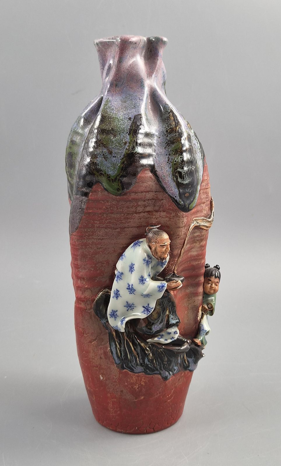 Japanese Sumida Gawa Vase Signed Ban Ni, Sage And Karako, Lavender Flambé, Meiji C. 1900 photo buy