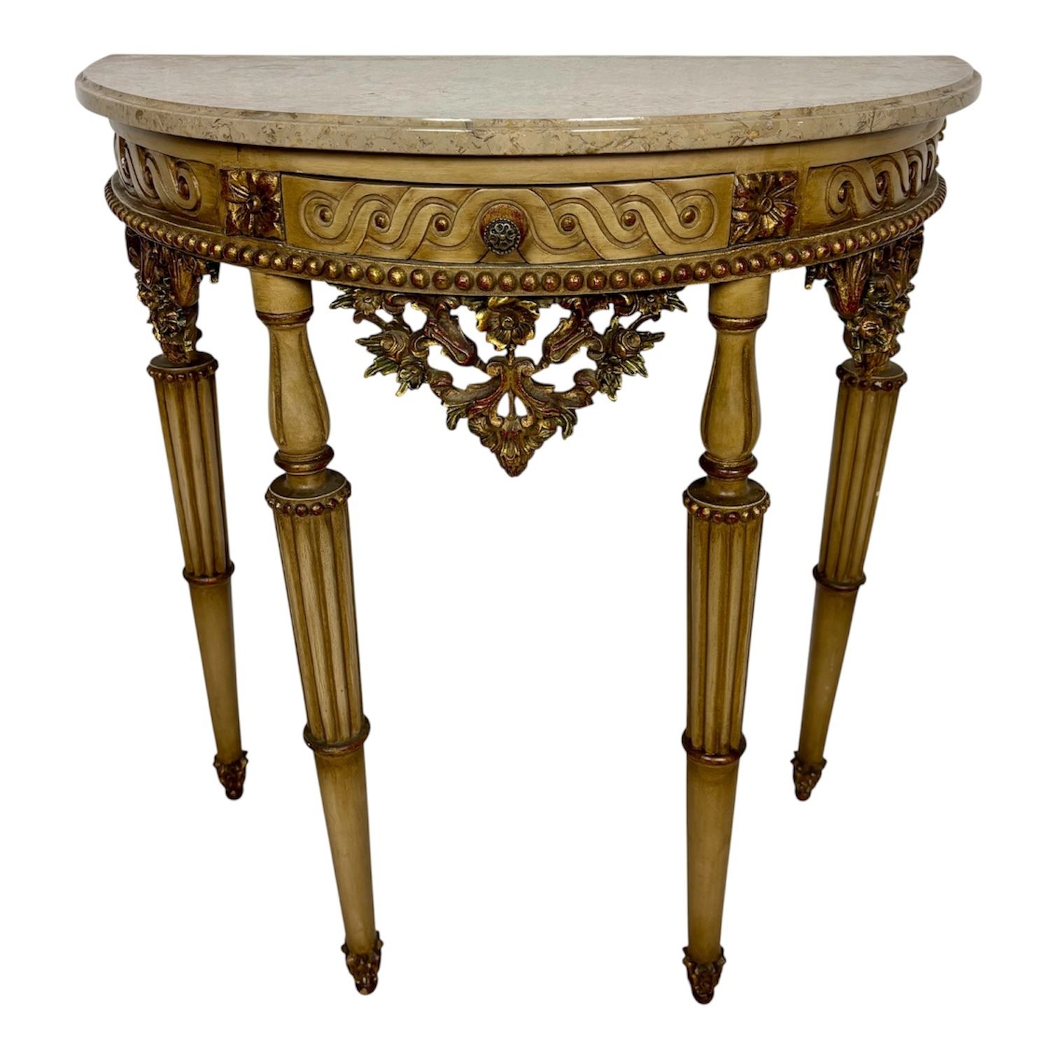 Italiaanse neoklassieke console met polychroom beschilderd houtsnijwerk en marmeren blad, midden 20e eeuw