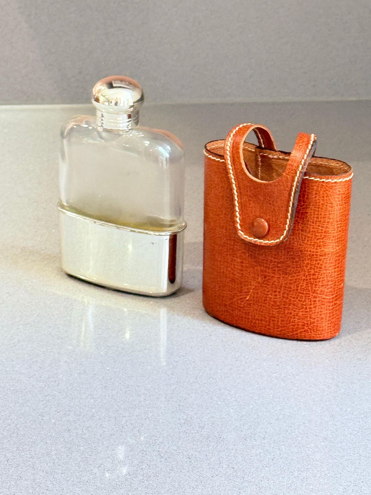 photo furniture Vintage Hip Flask Leather Cased Glass With Silver Tone Mounts, Gentleman’s Trave