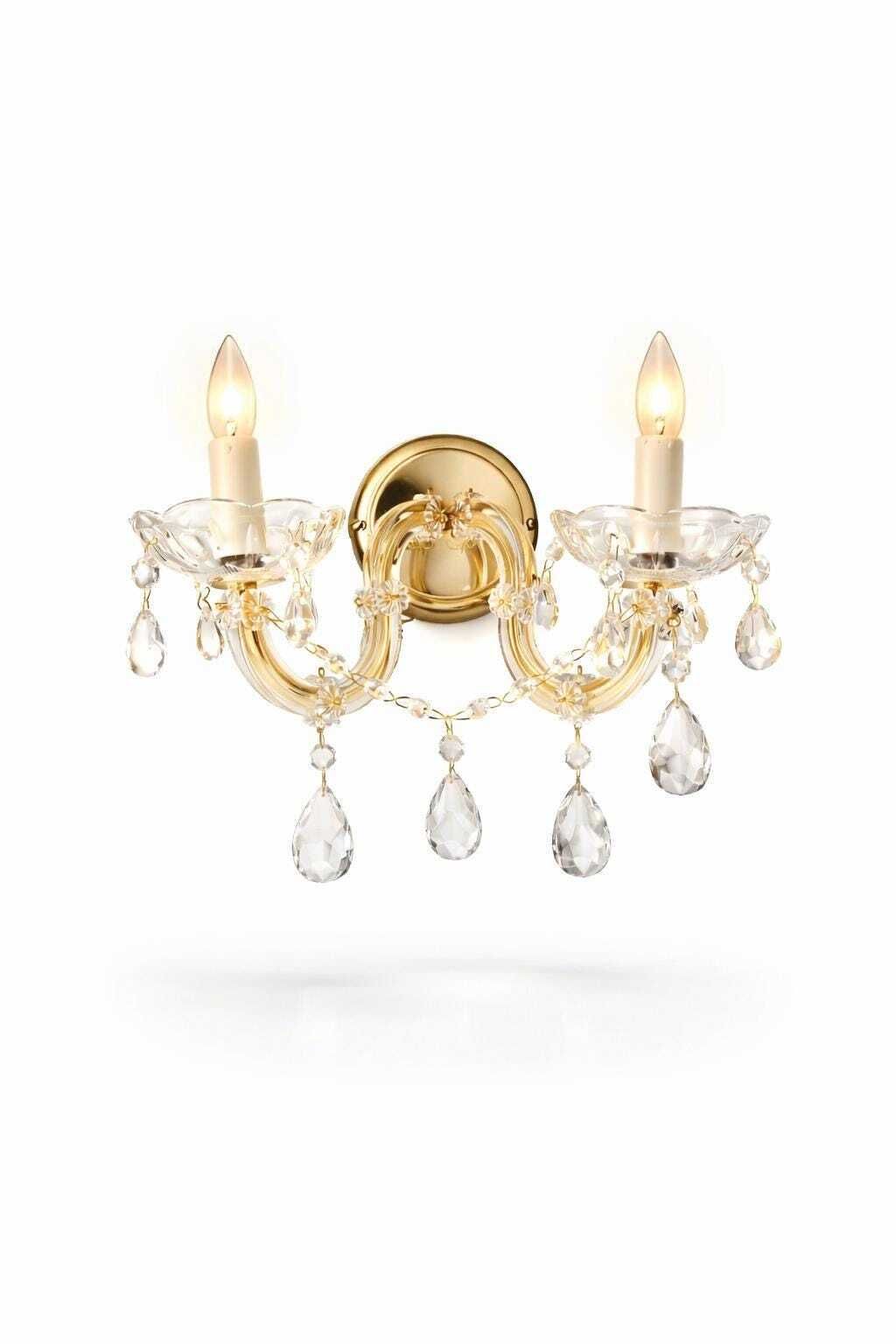 Vintage kristallen wandlamp, 2-armig, messing & glas, kaarslicht
