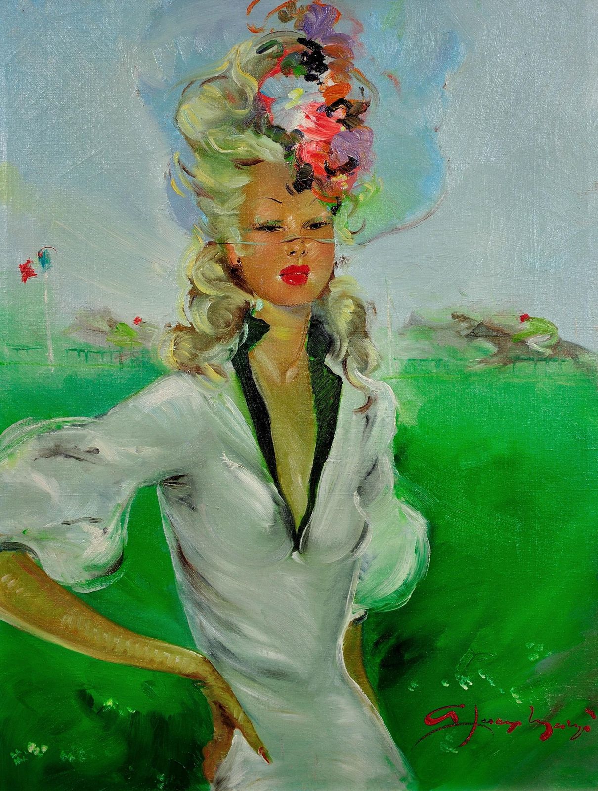 Dans l'entourage de Jean-Gabriel Domergue, 1889-1962. Peinture à l'huile encadrée, années 1950, représentant une élégante aux courses. photo furniture