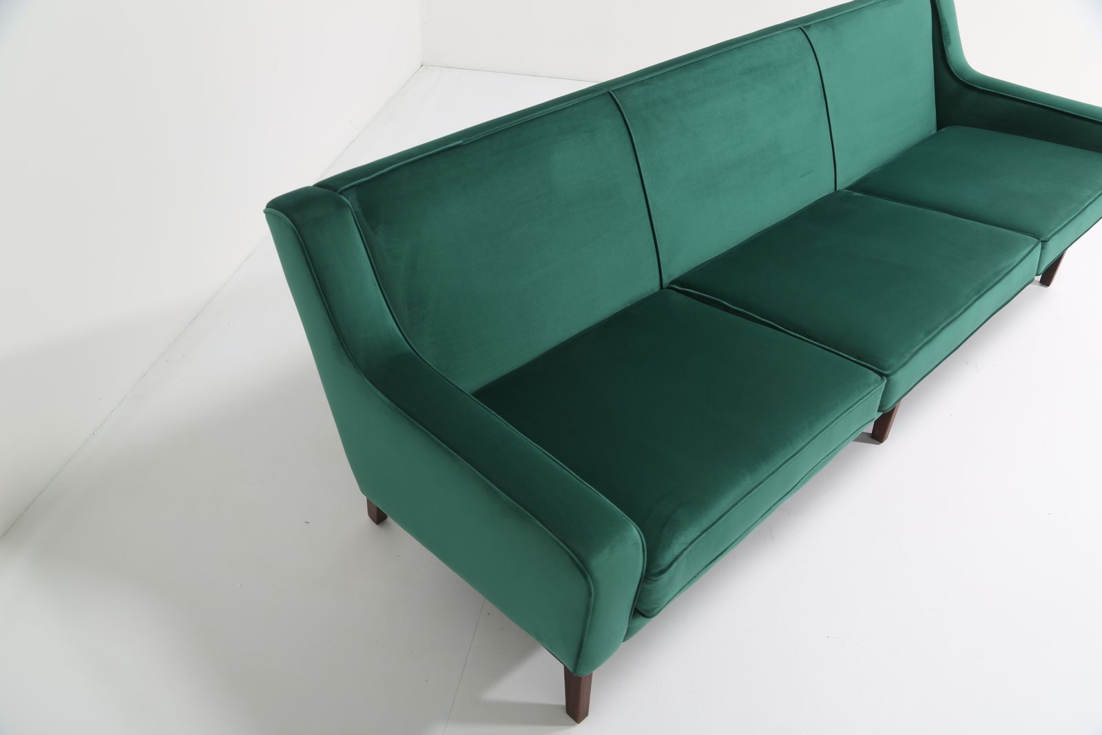 Vintage Emerald Green Velvet Large Three Seat Sofa Attributed To Kai Lyngfeldt Larsen, 1960s. photo vinterior