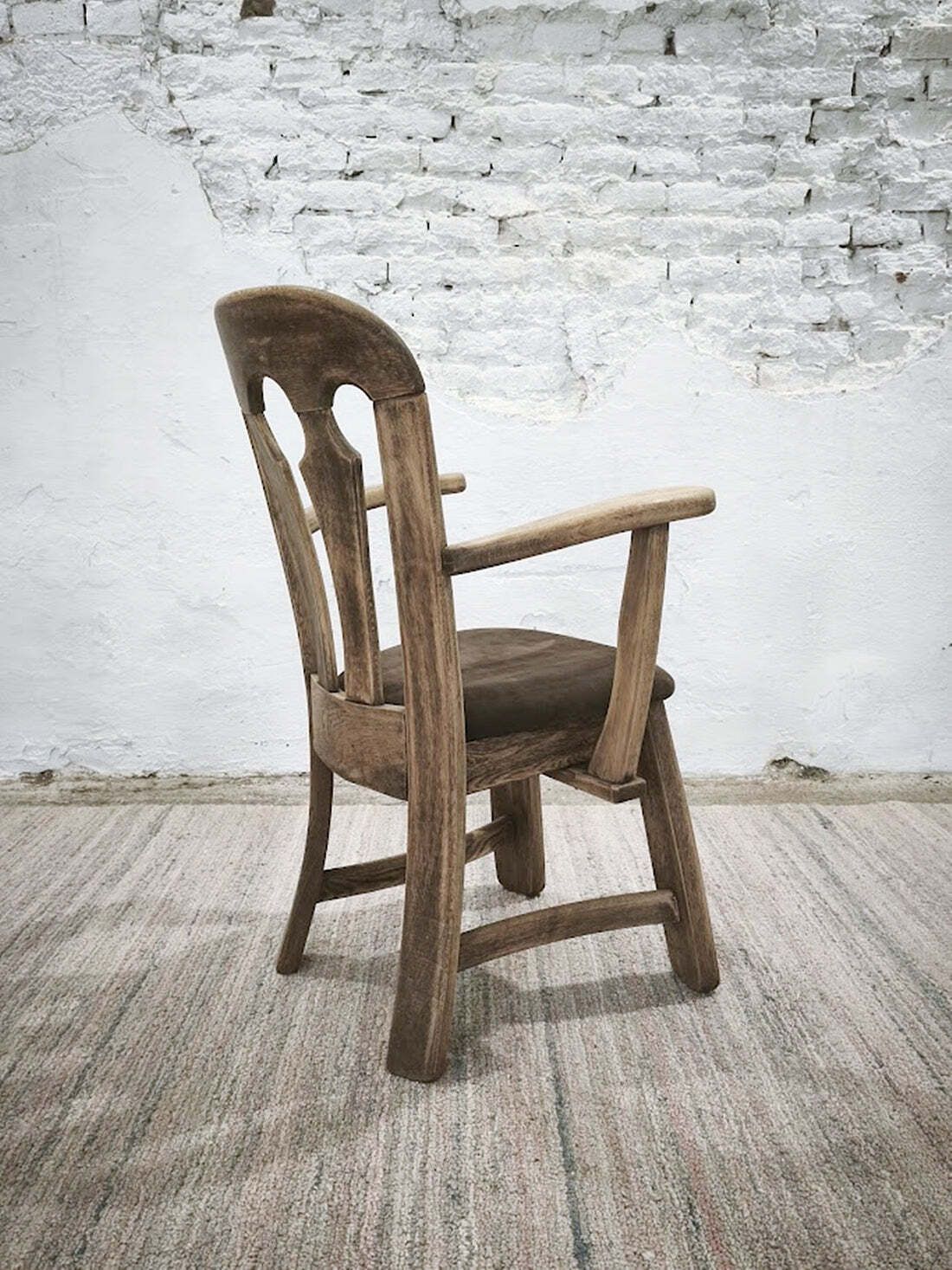 Dutch Brutalist Solid Oak Armchair With Reupholstered Leather Seat, 1970s photo 562.0