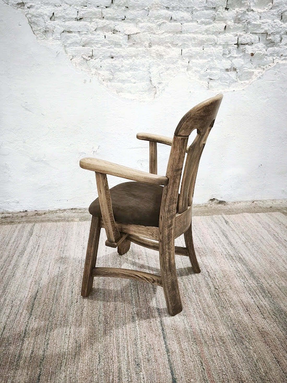 Dutch Brutalist Solid Oak Armchair With Reupholstered Leather Seat, 1970s photo buy