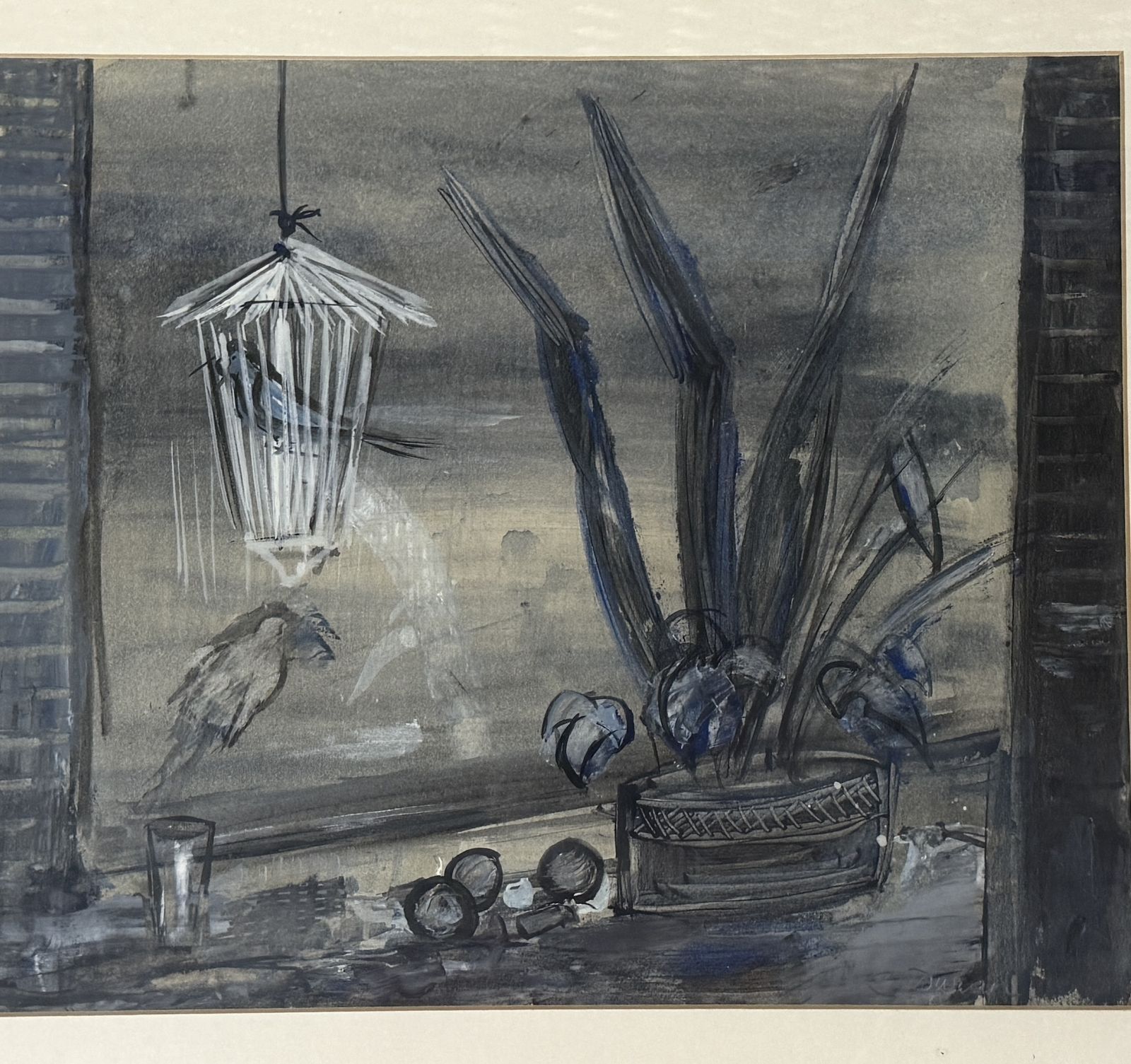 Rafael Duran Benet Poetic Interior With Birdcage And Blue Plants, Spanish Modern Art 1970s photo Art