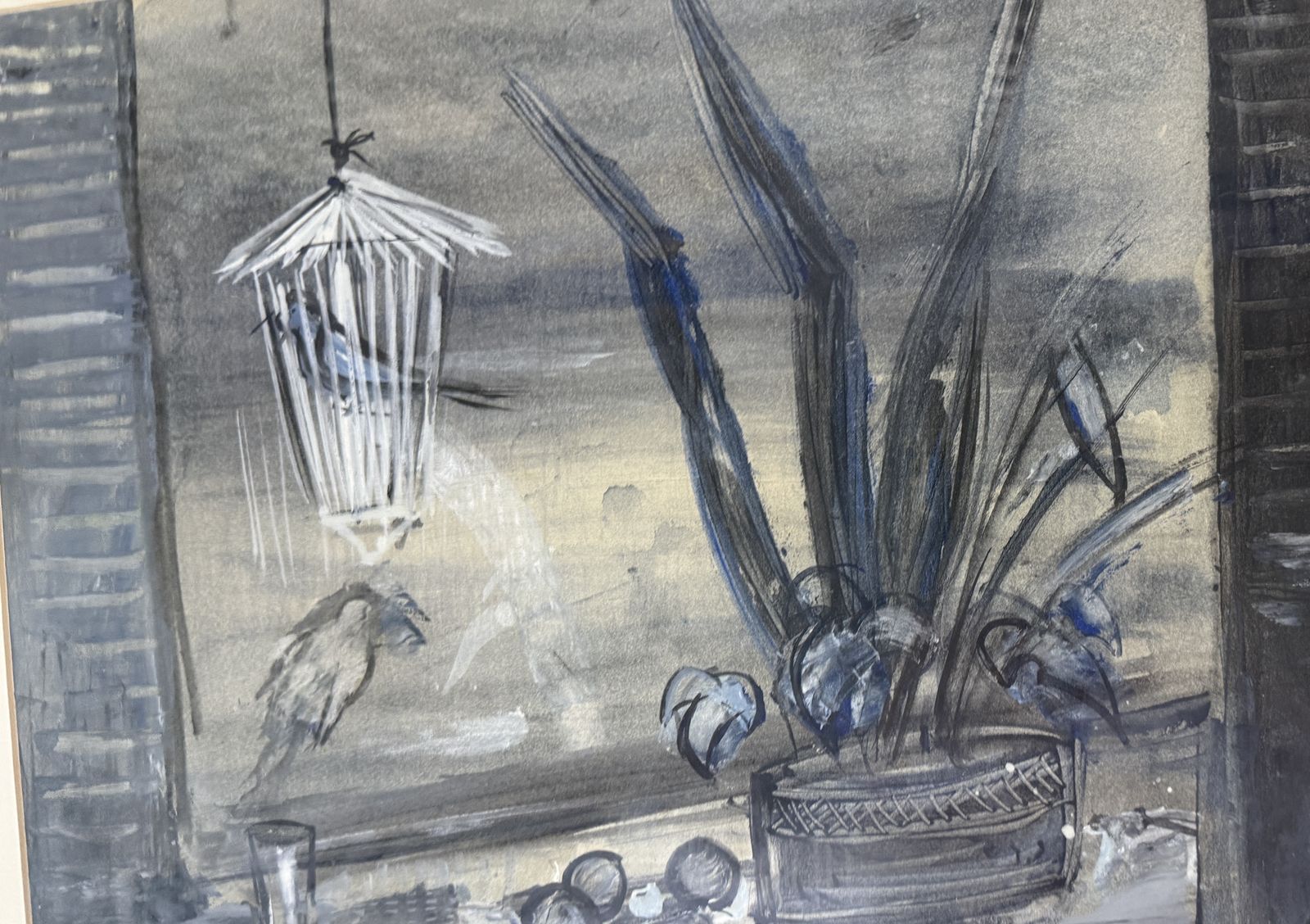 Rafael Duran Benet – Poëtisch interieur met vogelkooi en blauwe planten, Spaanse moderne kunst, jaren 1970 photo vinterior