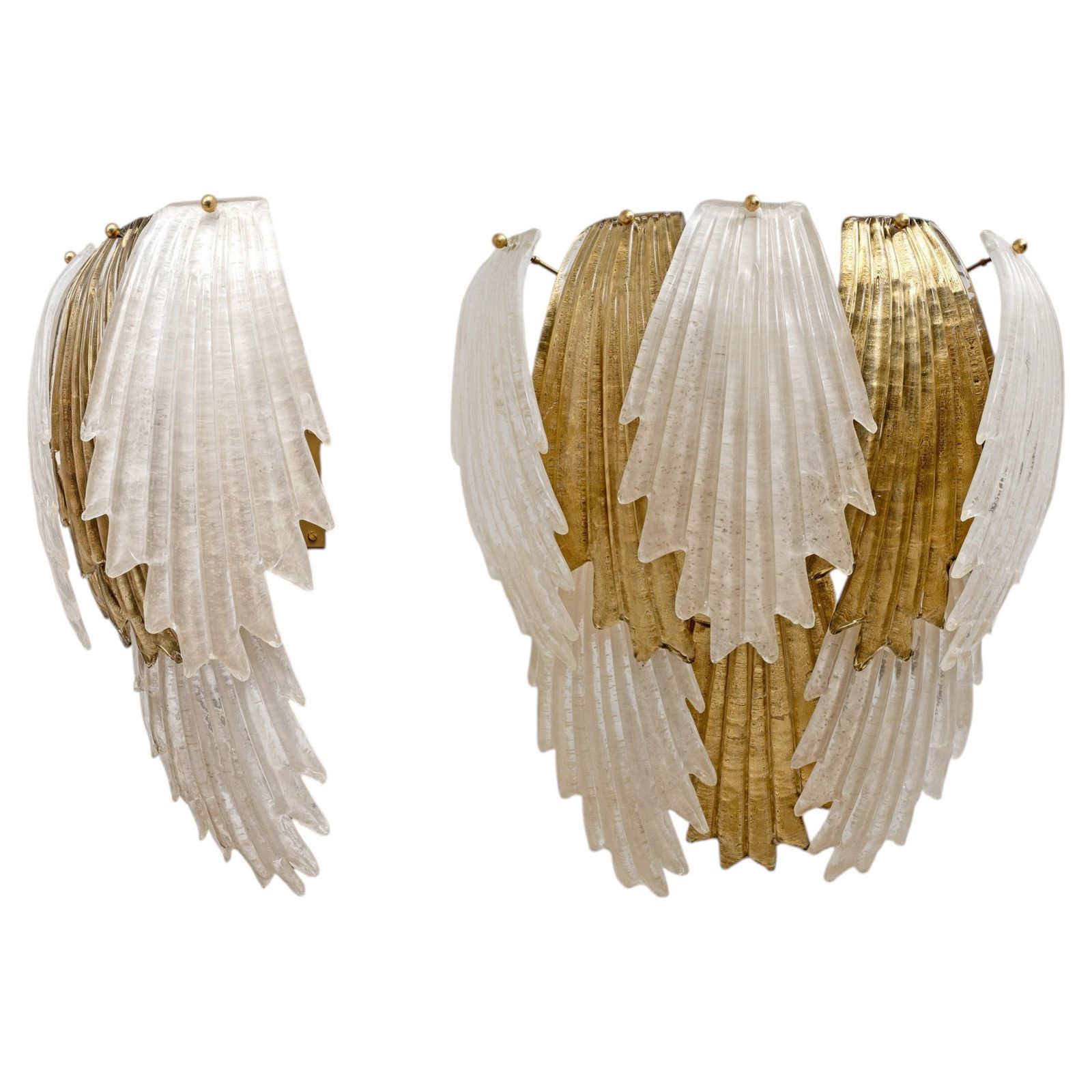 Italian Art Deco Style Murano Glass And Brass Leaf Wall Sconces, Pair