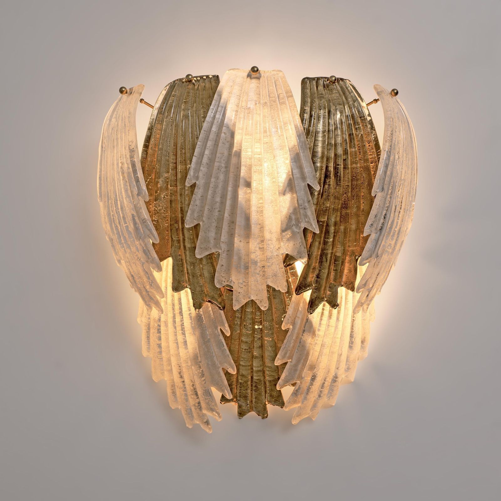 Italian Art Deco Style Murano Glass And Brass Leaf Wall Sconces, Pair photo for sale