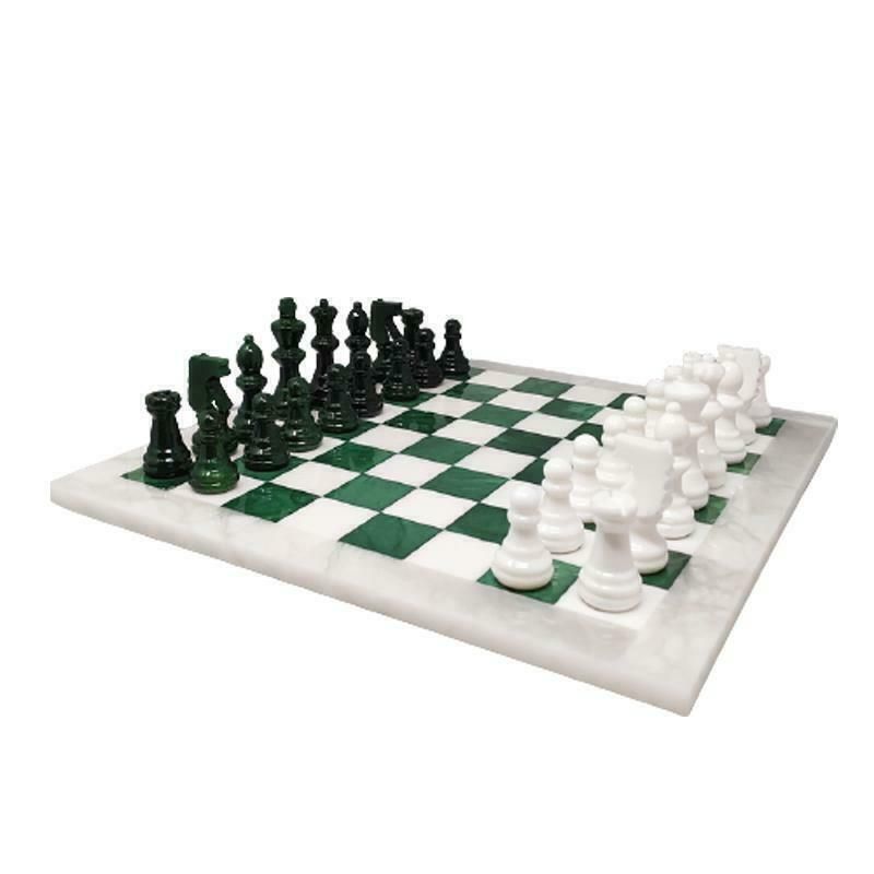 1970s Gorgeous Green And White Chess Set In Volterra Alabaster Handmade Made In Italy
