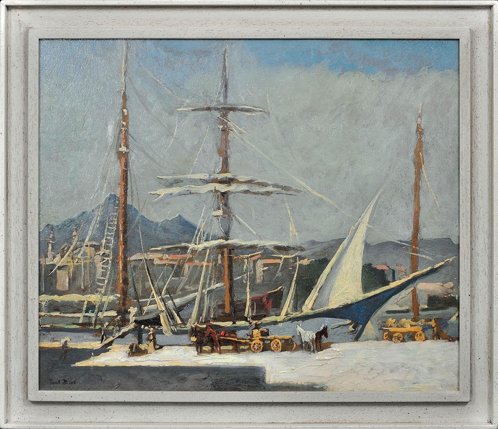 Paul Bret, 1902-1956. Déchargement et chargement de navires, port de Palerme, Sicile, Italie. Huile sur toile encadrée, années 1930.