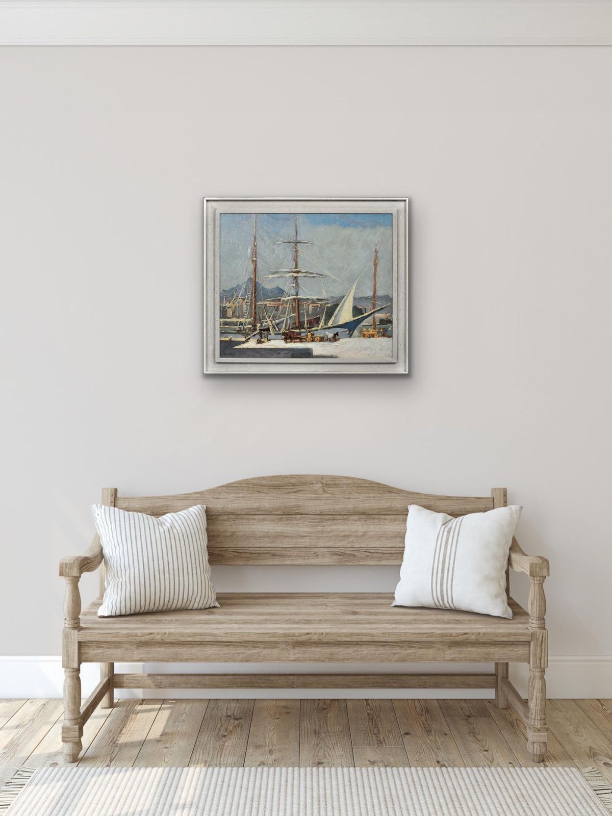 photo vinterior Paul Bret, 1902-1956. Déchargement et chargement de navires, port de Palerme, Sicile, Italie. Huile sur toile encadrée, années 1930.