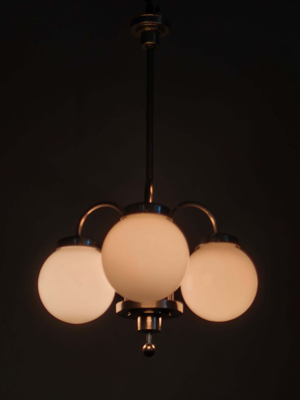 photo for sale 1930s Czech Art Deco Chandelier With Three Opaline Glass Globes