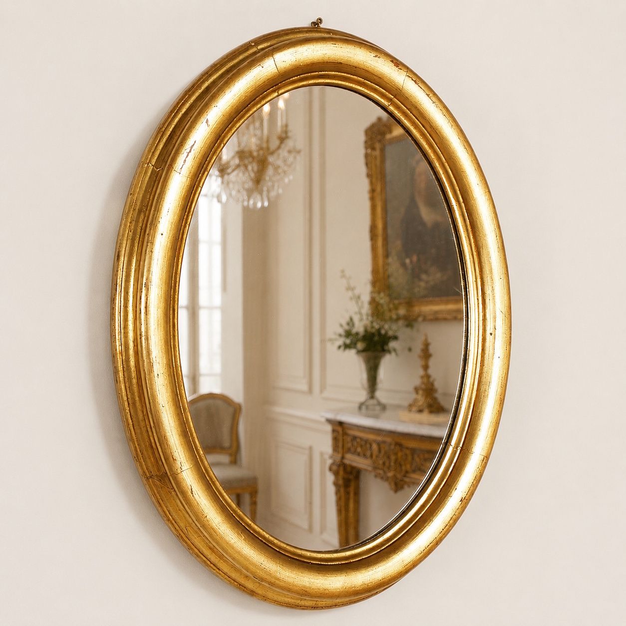Italiaanse ovale vergulde spiegel met bladgoud, 19e eeuw photo buy