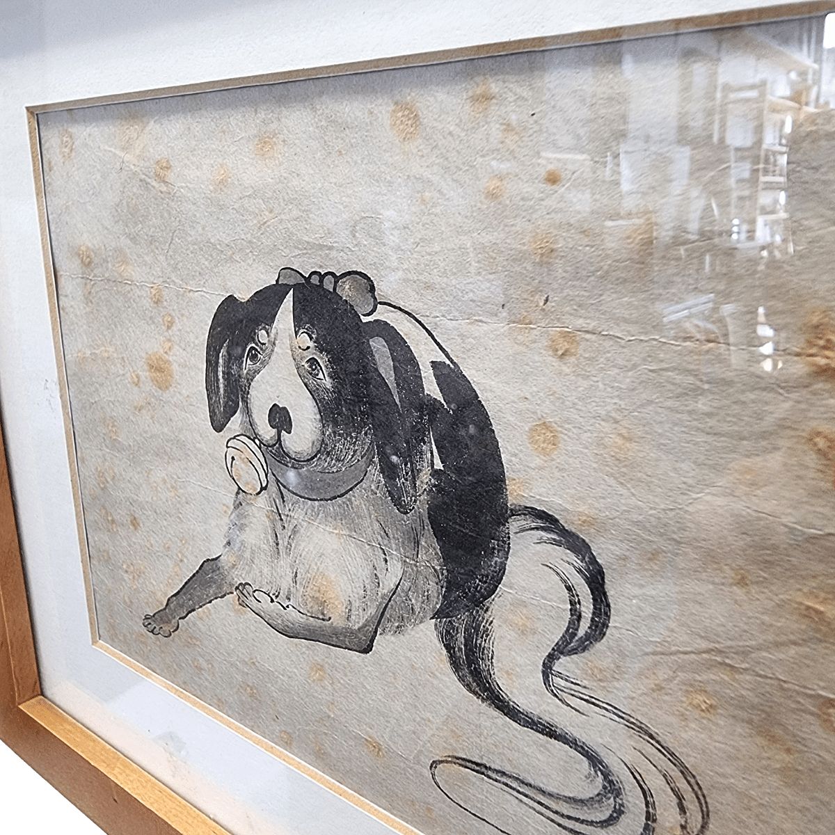Peinture Sumi-e d'époque, chien assis avec clochette, fin du XIXe siècle photo for sale
