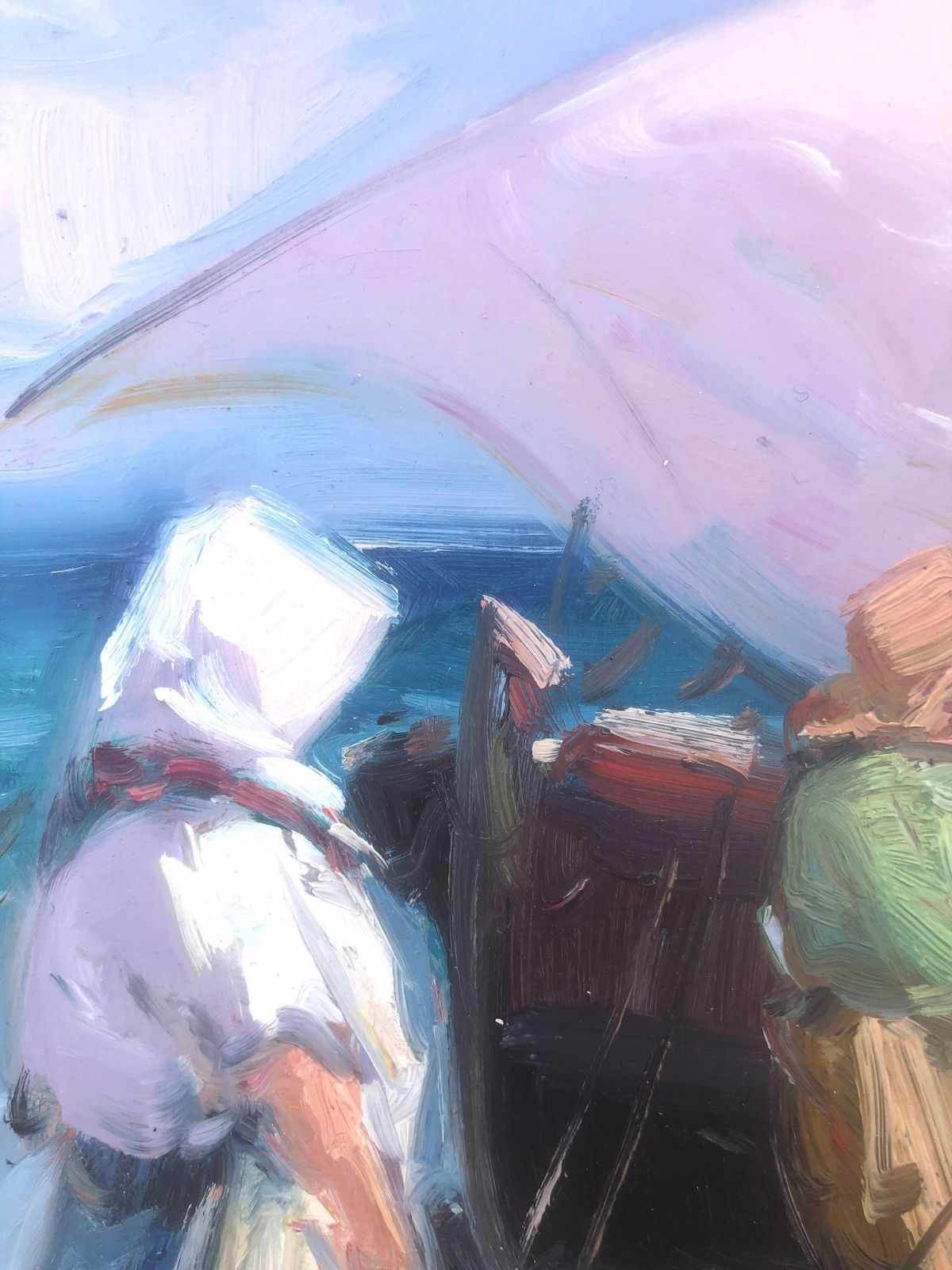 Gabriel Casarrubios Mediterrane vissers die terugkeren naar de kust – Spaans impressionistisch schilderij in olieverf, ca. 2000 photo for sale