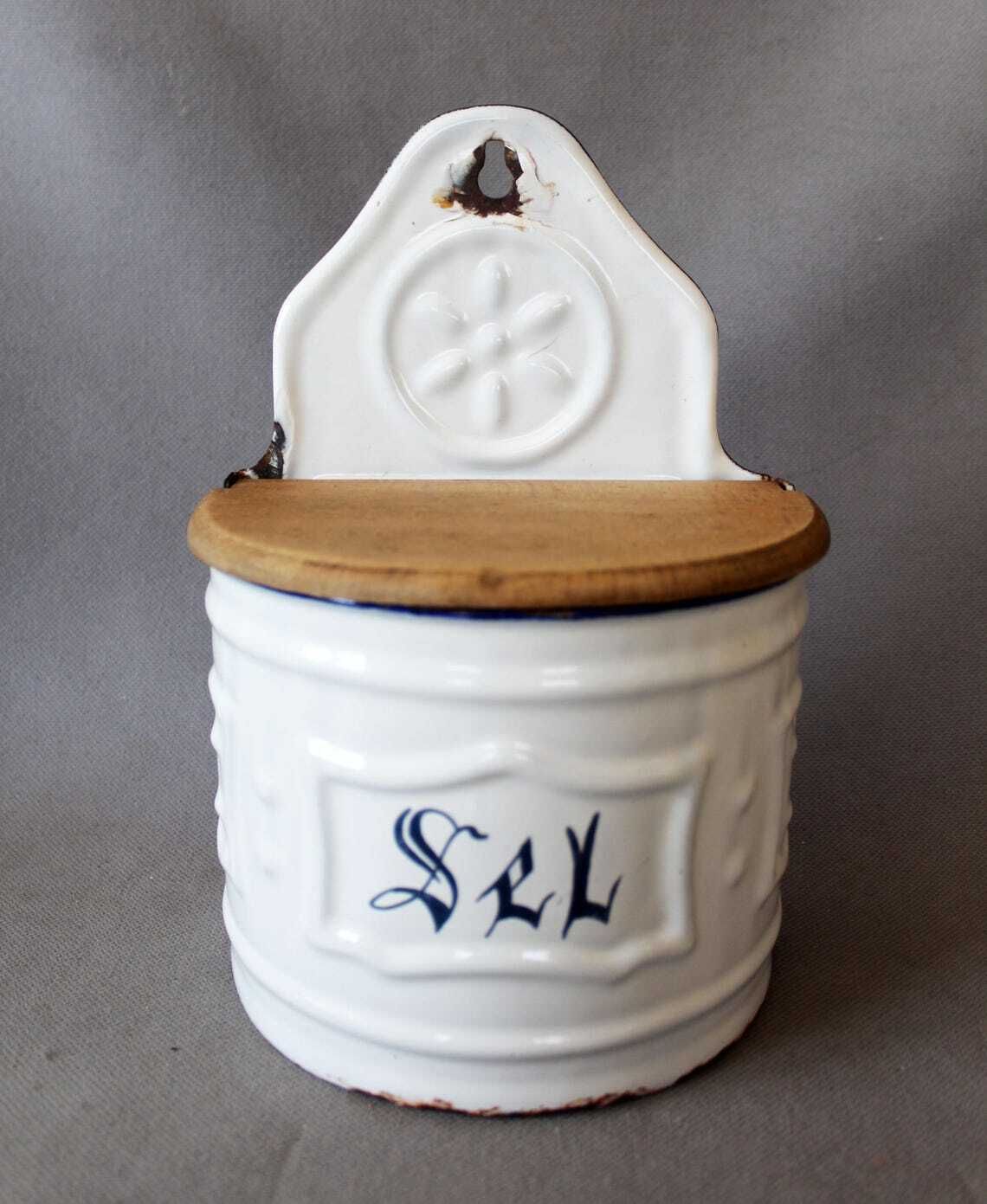 Large Antique French Enamelware Salt Box, Salt Cellar Enamel Container Wood Lid Wall Mount And Table Top French Country Kitchen photo furniture