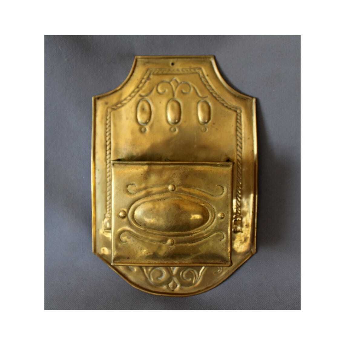 Large Antique Brass Candle Box, Brass Sheet Repousse Wall Hanging Two Pockets Wall Pocket Signed Delvaux Country Farmhouse Decoration