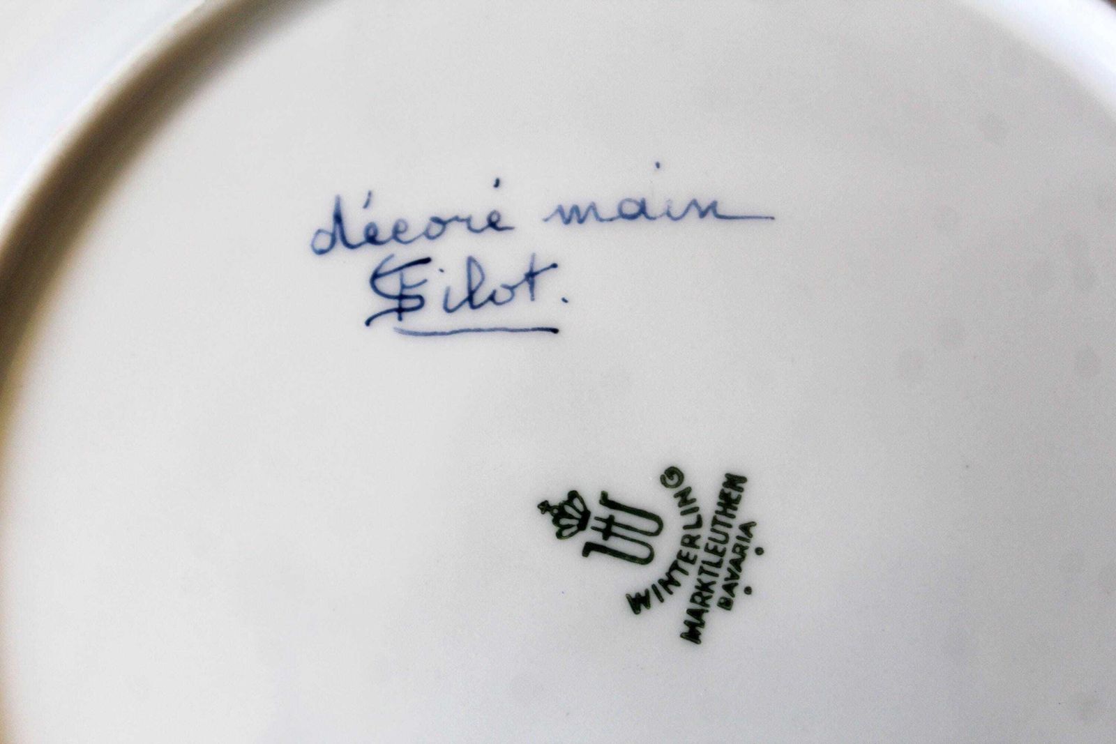 Set van 6 handgeschilderde porseleinen gebaksbordjes, Frans Moustiers blauw-wit vogeldesign op Duits Winterling Bavaria Marktleuthen-porselein photo 65.0