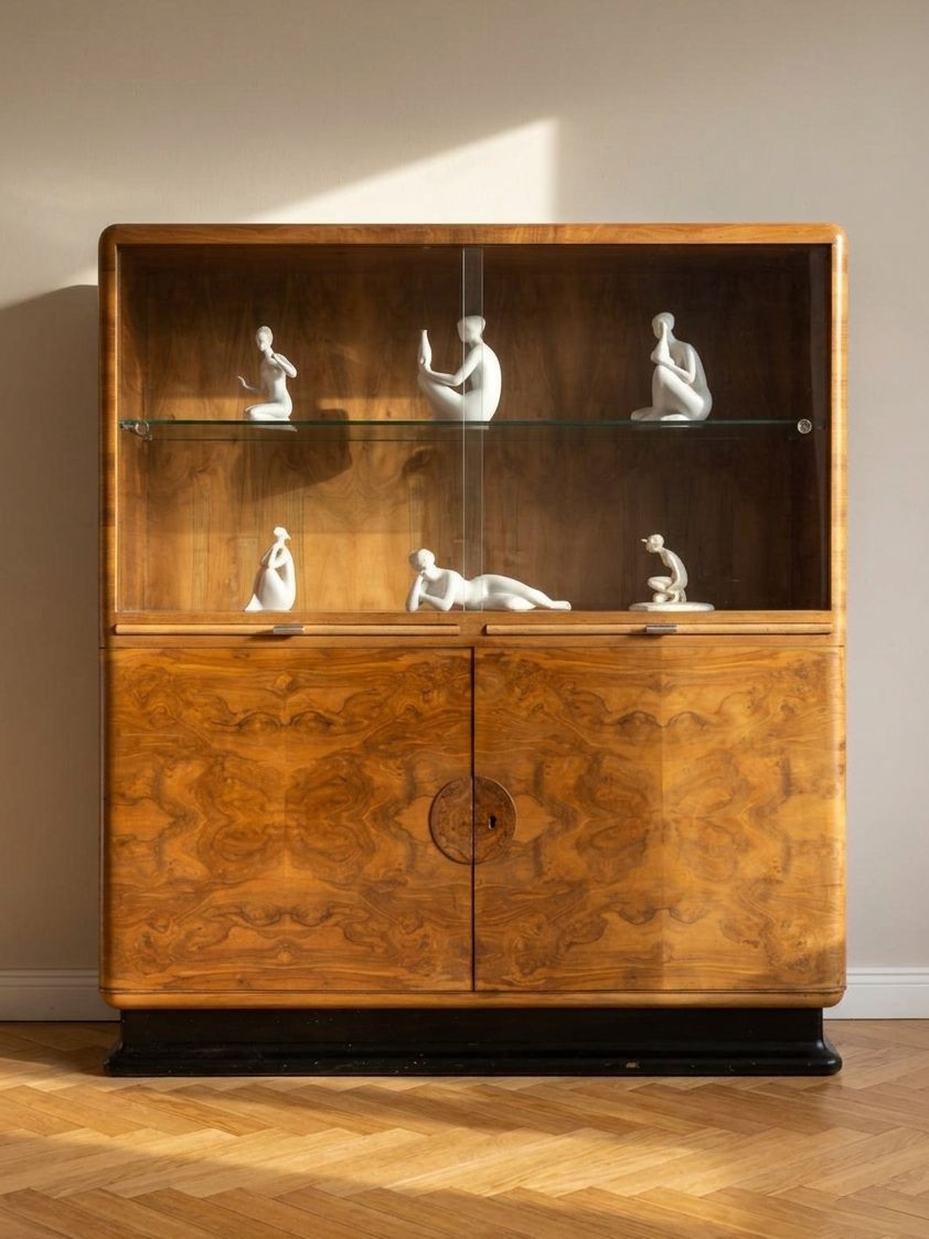 Art Deco Display Bookcase Attributed To Jindřich Halabala Walnut Veneer, 1930s, Czechoslovakia
