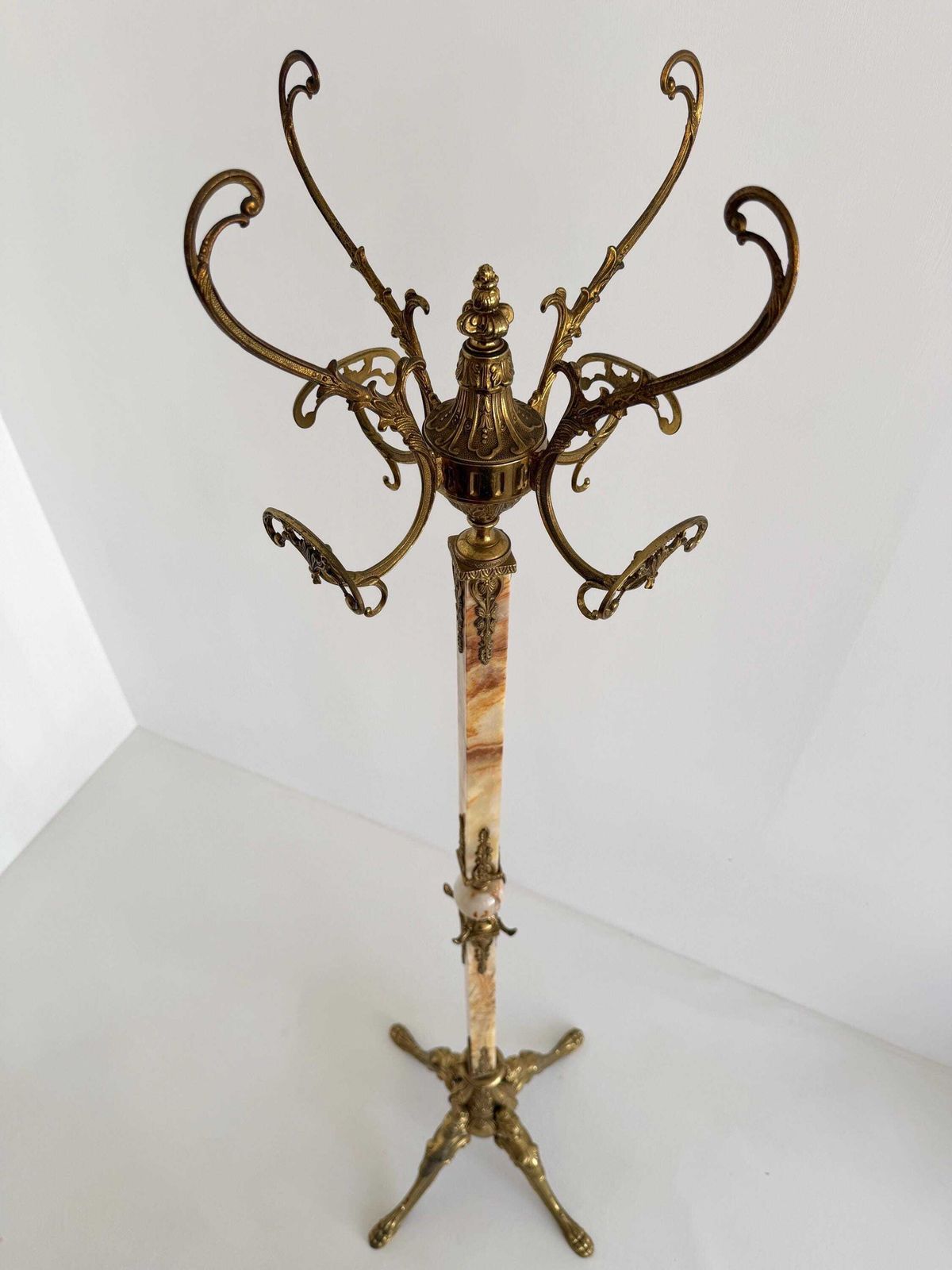 photo for sale Vintage Italian Brass & Marble Coat Rack, Rotating Crown Hall Tree, Ornate Four Leg Base, Luxury Entryway Stand
