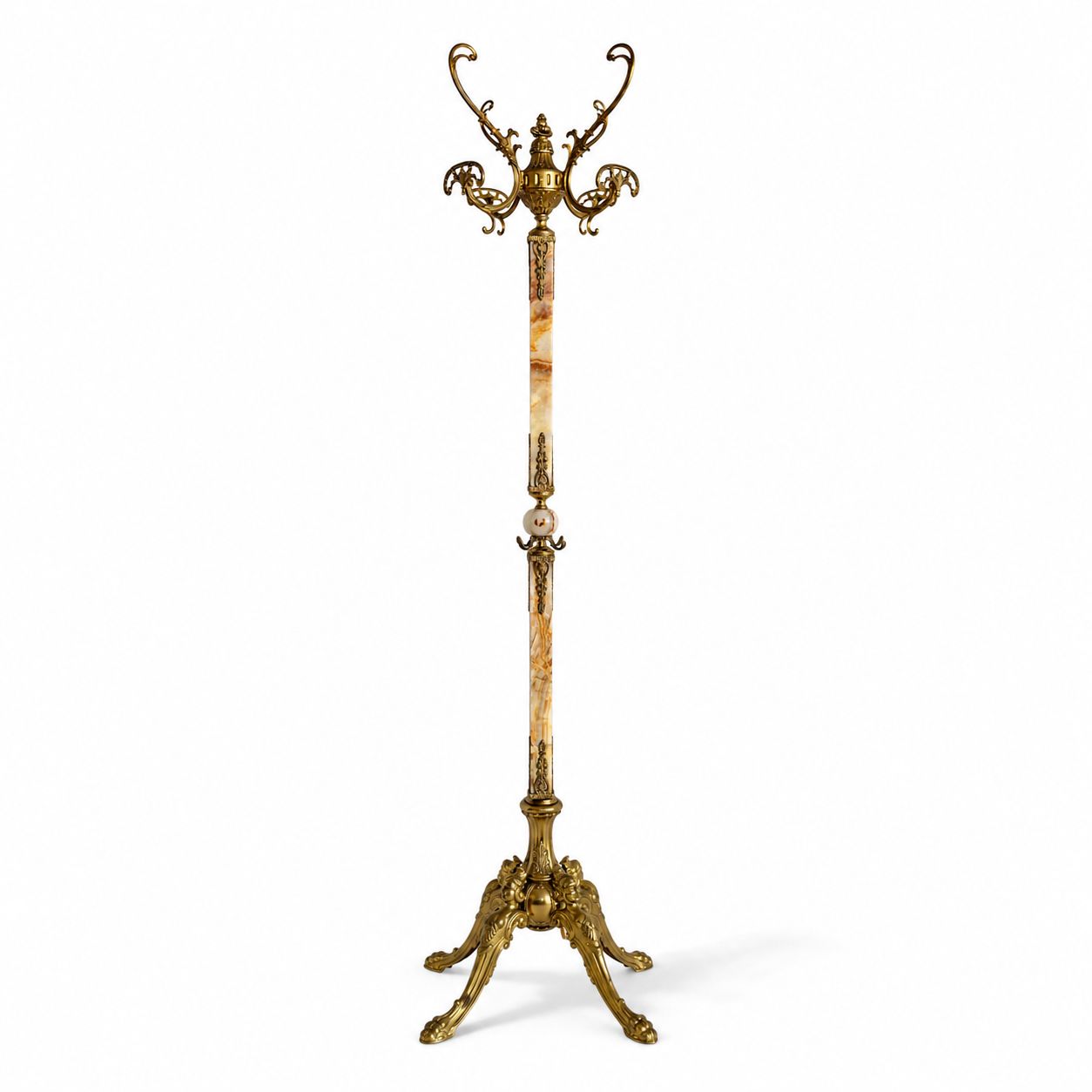 Vintage Italian Brass & Marble Coat Rack, Rotating Crown Hall Tree, Ornate Four Leg Base, Luxury Entryway Stand
