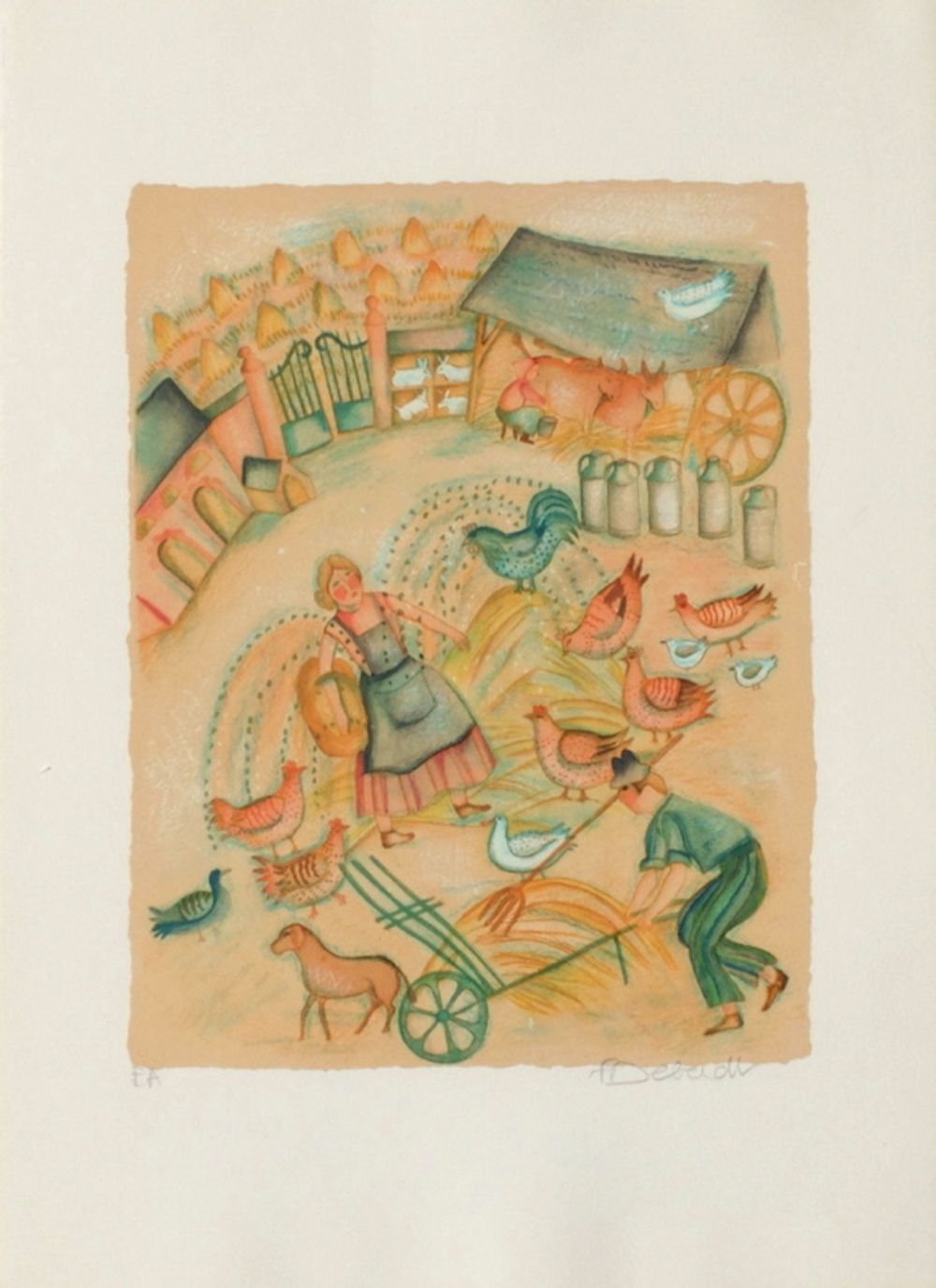 Françoise Deberdt Gesigneerde Lithografie Aux Champs, Cour De Ferme 1985