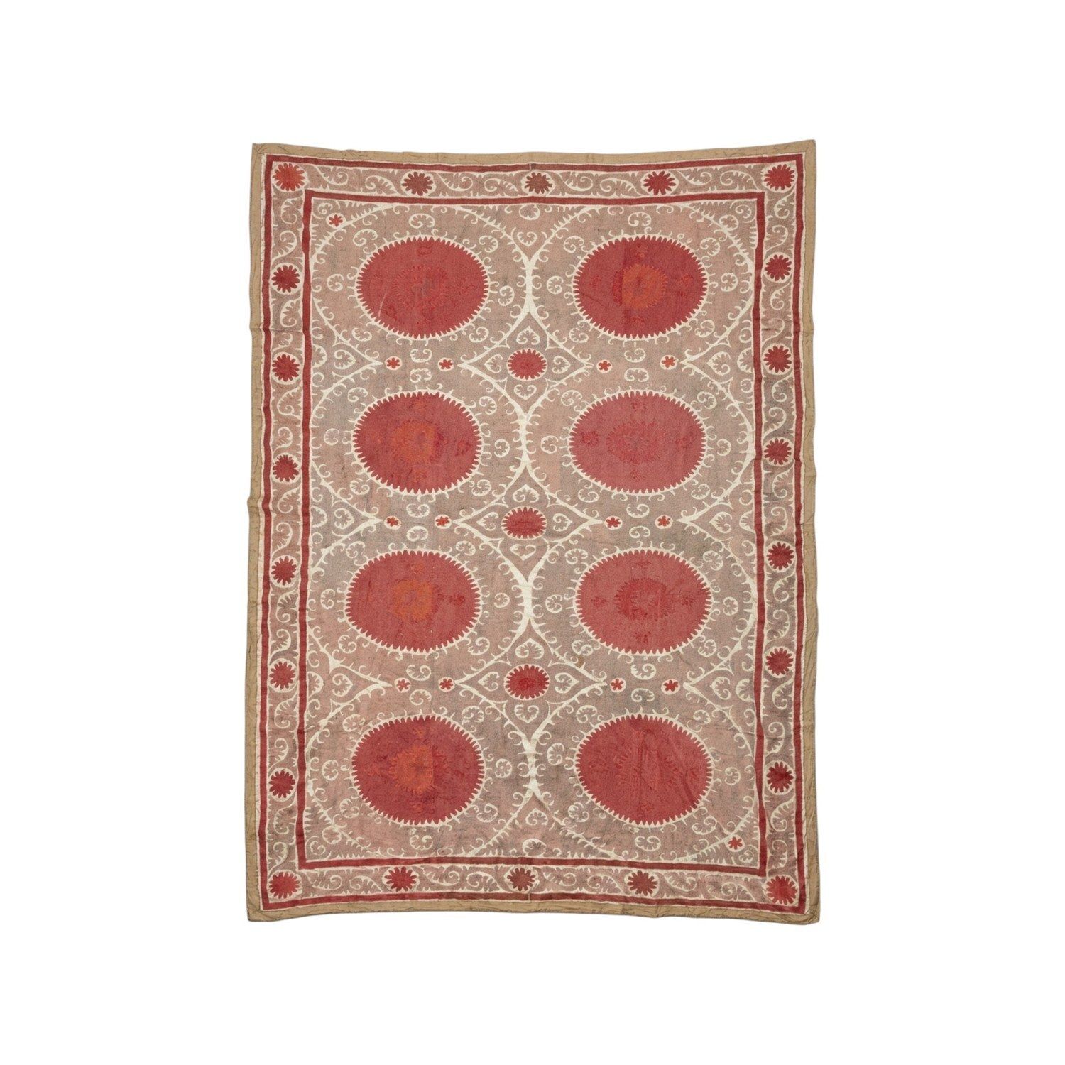 Tapisserie Suzani ouzbèke brodée à la main, rouge et beige, 230 x 335 cm