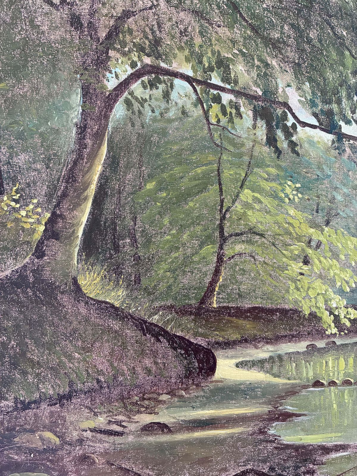 Peinture à l'huile vintage, lac en forêt, paysage forestier photo Art