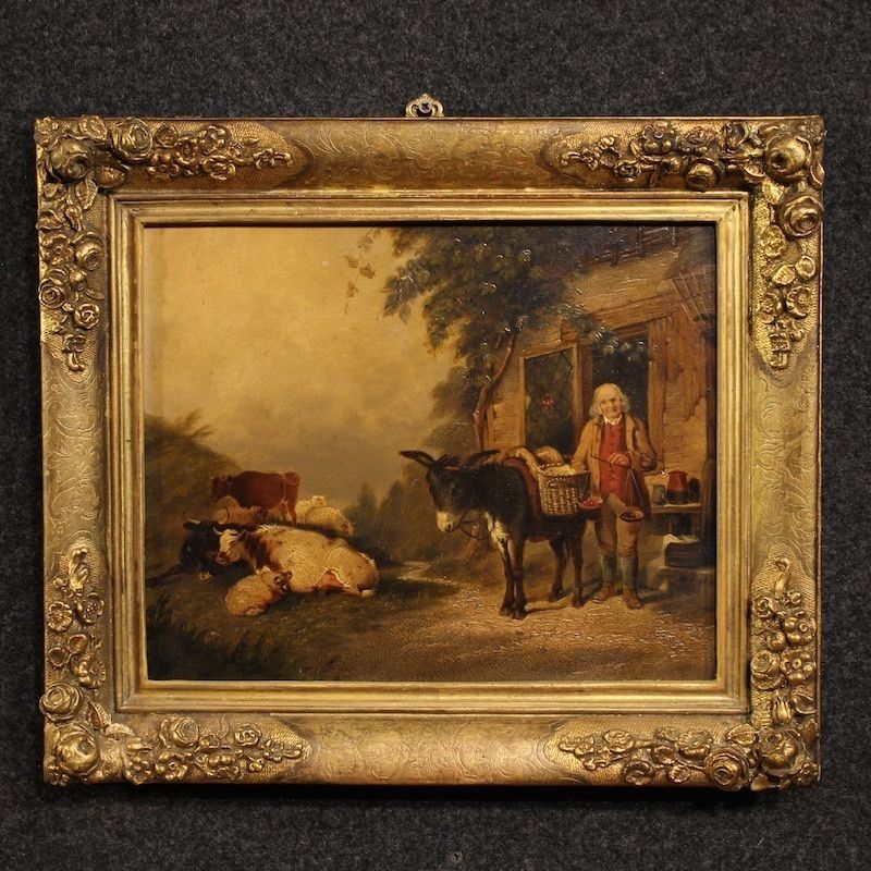Tableau anglais d'époque, scène de genre rurale, daté 1866