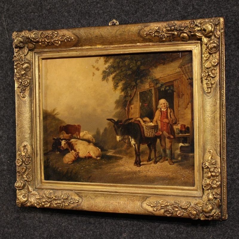 photo vinterior Tableau anglais d'époque, scène de genre rurale, daté 1866
