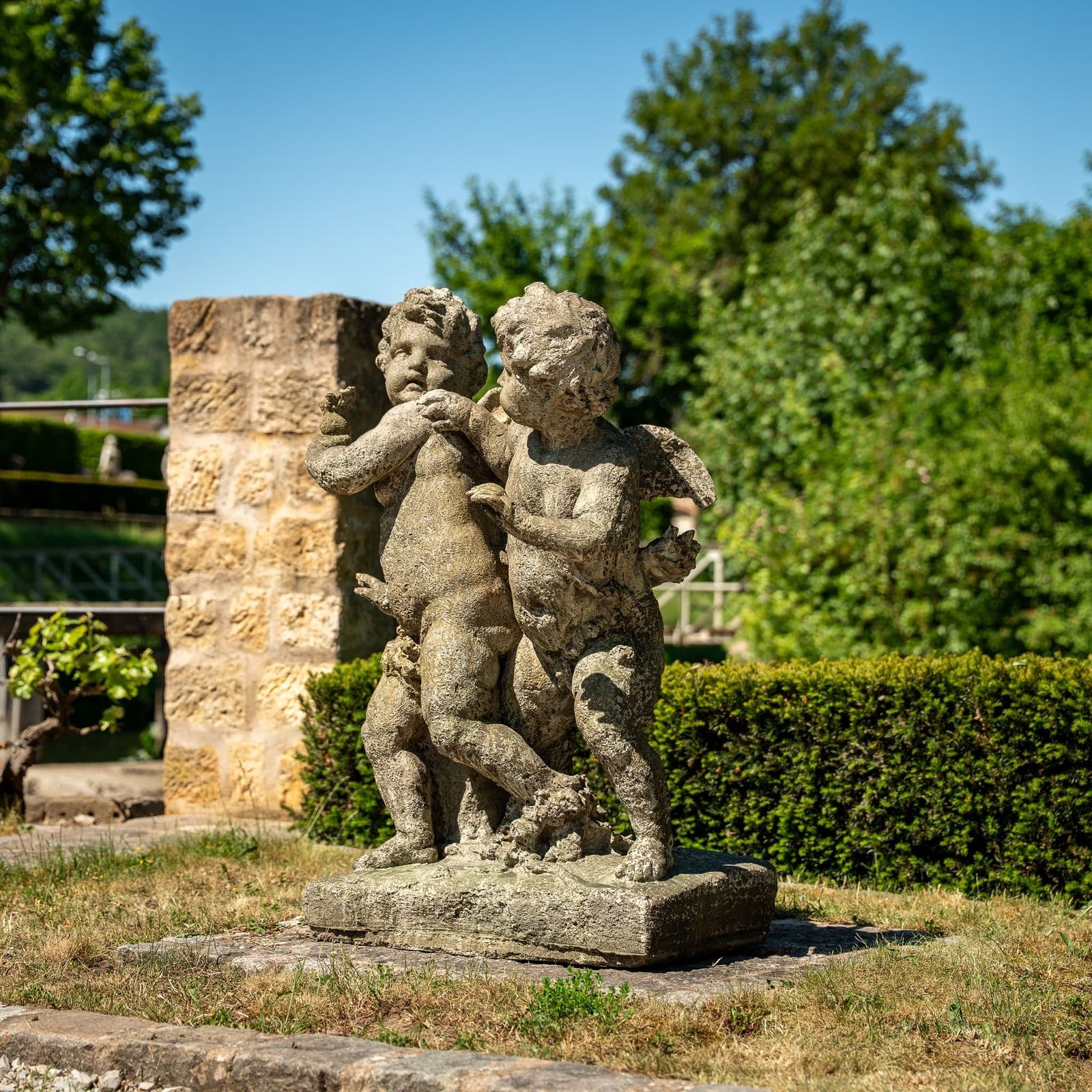 Garden Decor Playing Putti, Stone Cast, Probably Late 20th Century photo