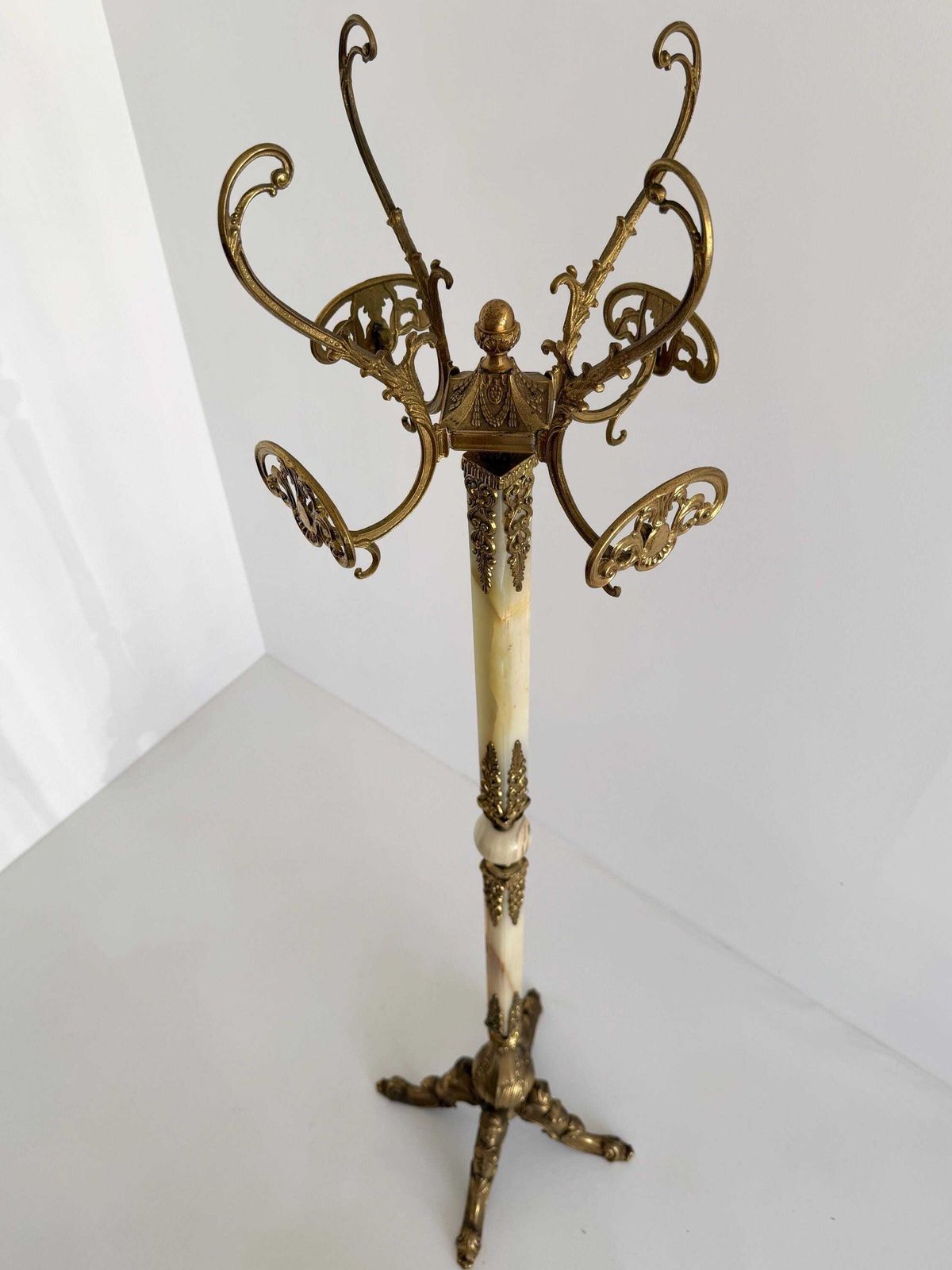 Furniture Italian Onyx Marble Coat Rack, Brass Hall Tree, Decorative Hall Stand, Hollywood Regency photo