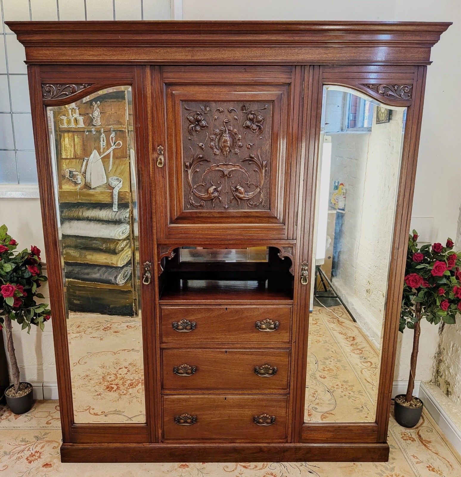 Victorian Carved Mahogany Triple Combination Wardrobe