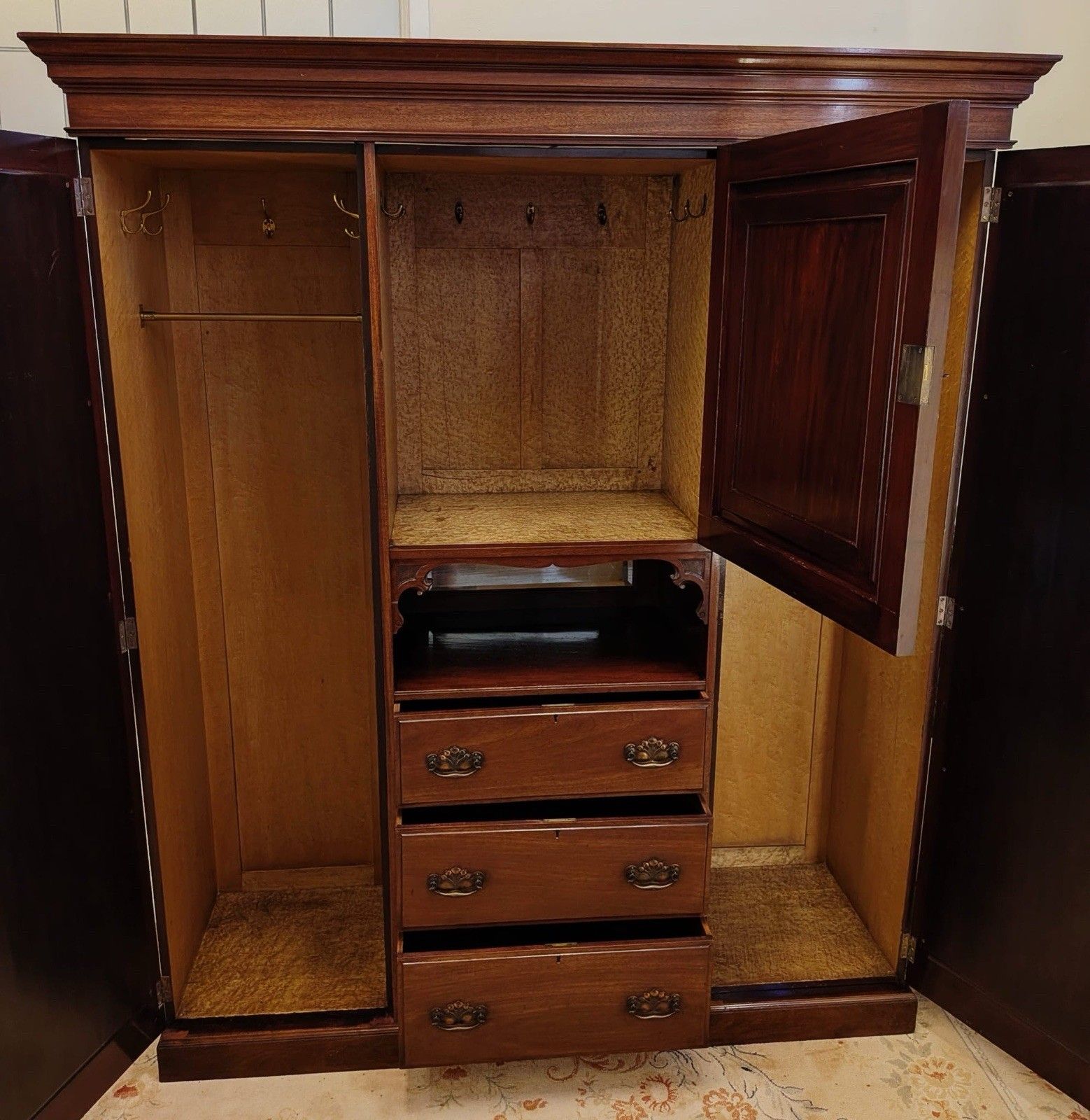 photo for sale Victorian Carved Mahogany Triple Combination Wardrobe