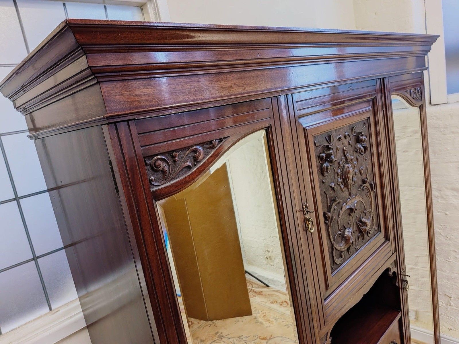 645.0 Victorian Carved Mahogany Triple Combination Wardrobe photo