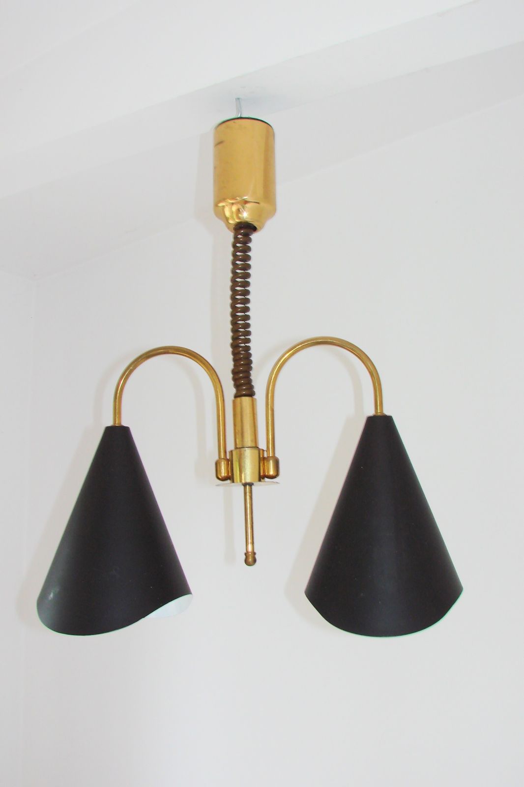Lighting Mid Century Modern Pendant Light, Brass And Metal, 1970s. photo