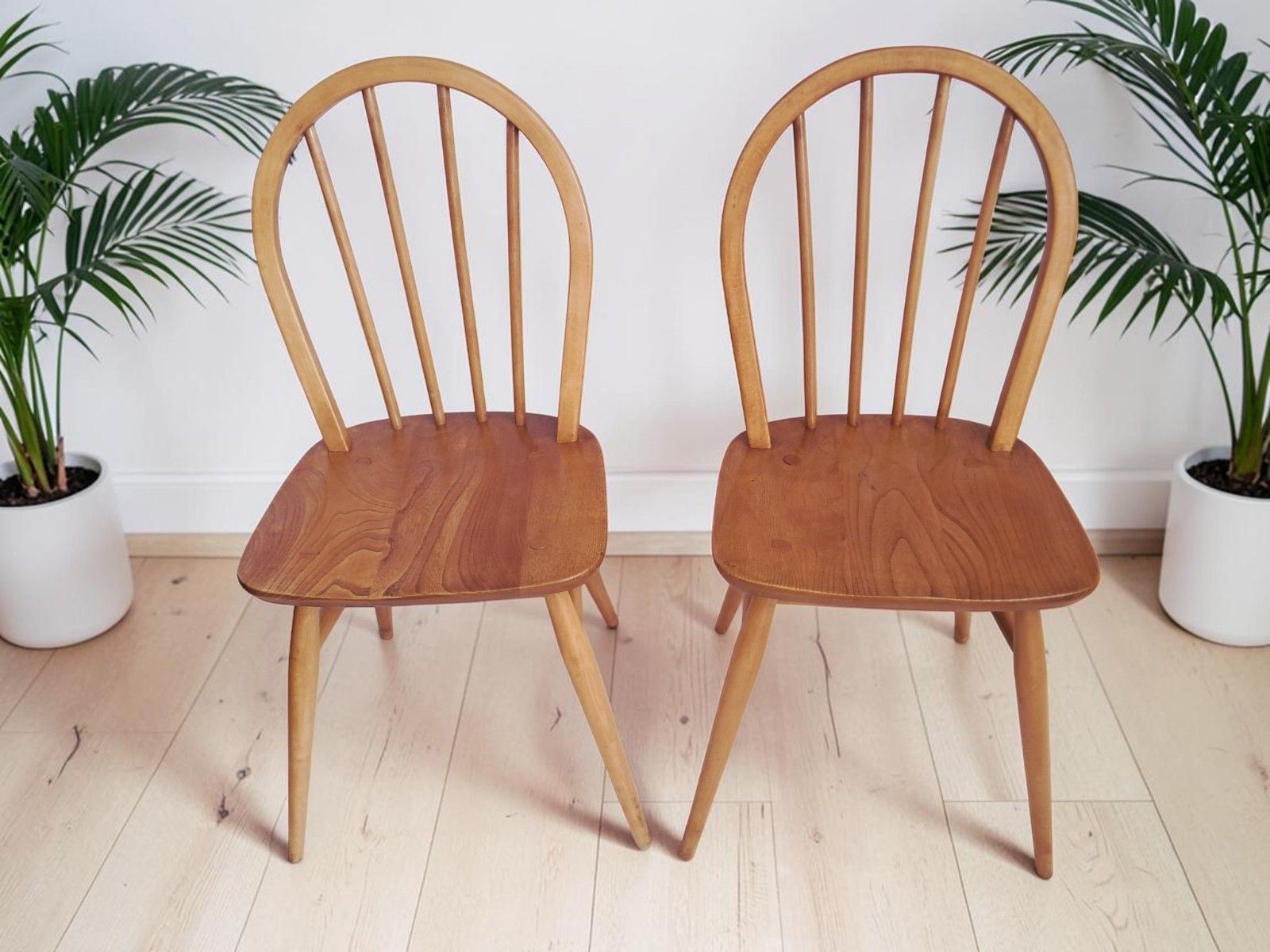 Mid Century Ercol Windsor Dining Chairs Pair Hoop Back Light Elm Chairs 1960 photo furniture