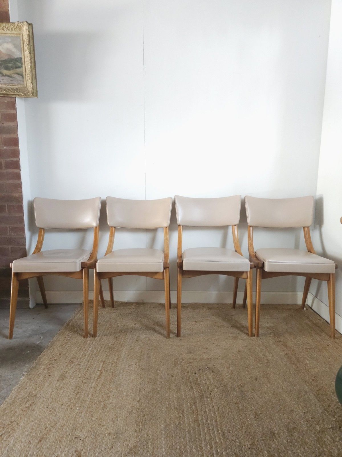 Ben Stoe Dining Chairs Mid Century Set Of 4 Taupe Vinyl Upholstery Delivery photo for sale