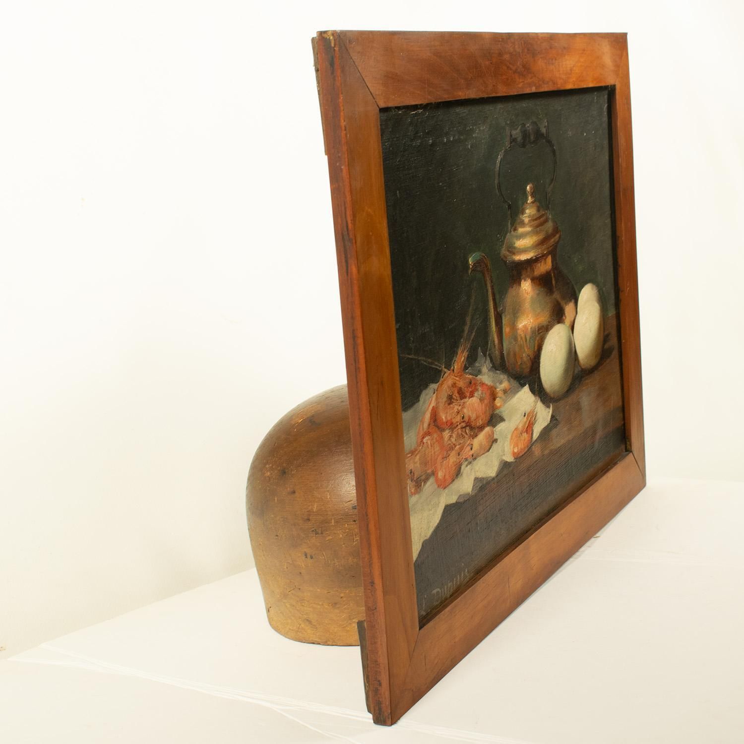 photo for sale « Composition avec crevettes et œufs » L. Dupuis, huile sur panneau, XIXe siècle